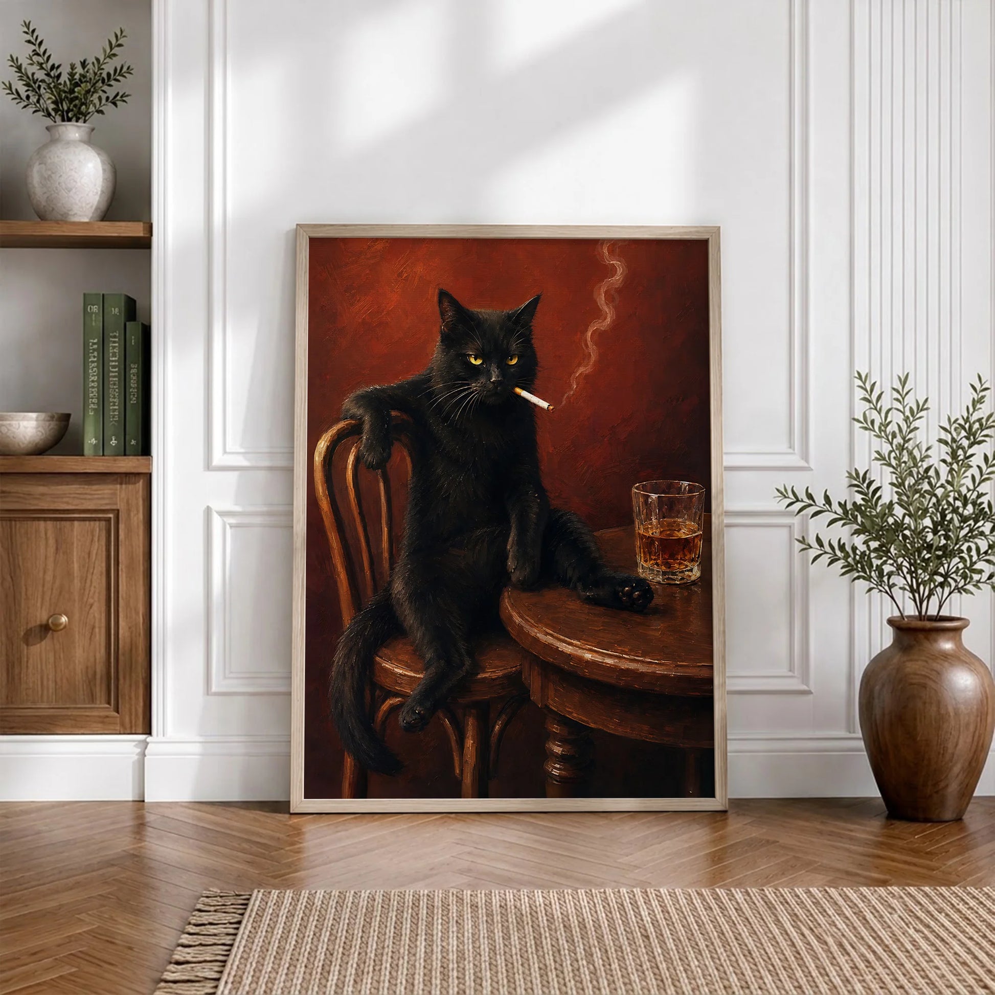 Vintage Black Cat Smoking - Funny Canvas Wall Art - Natural Frame 5
