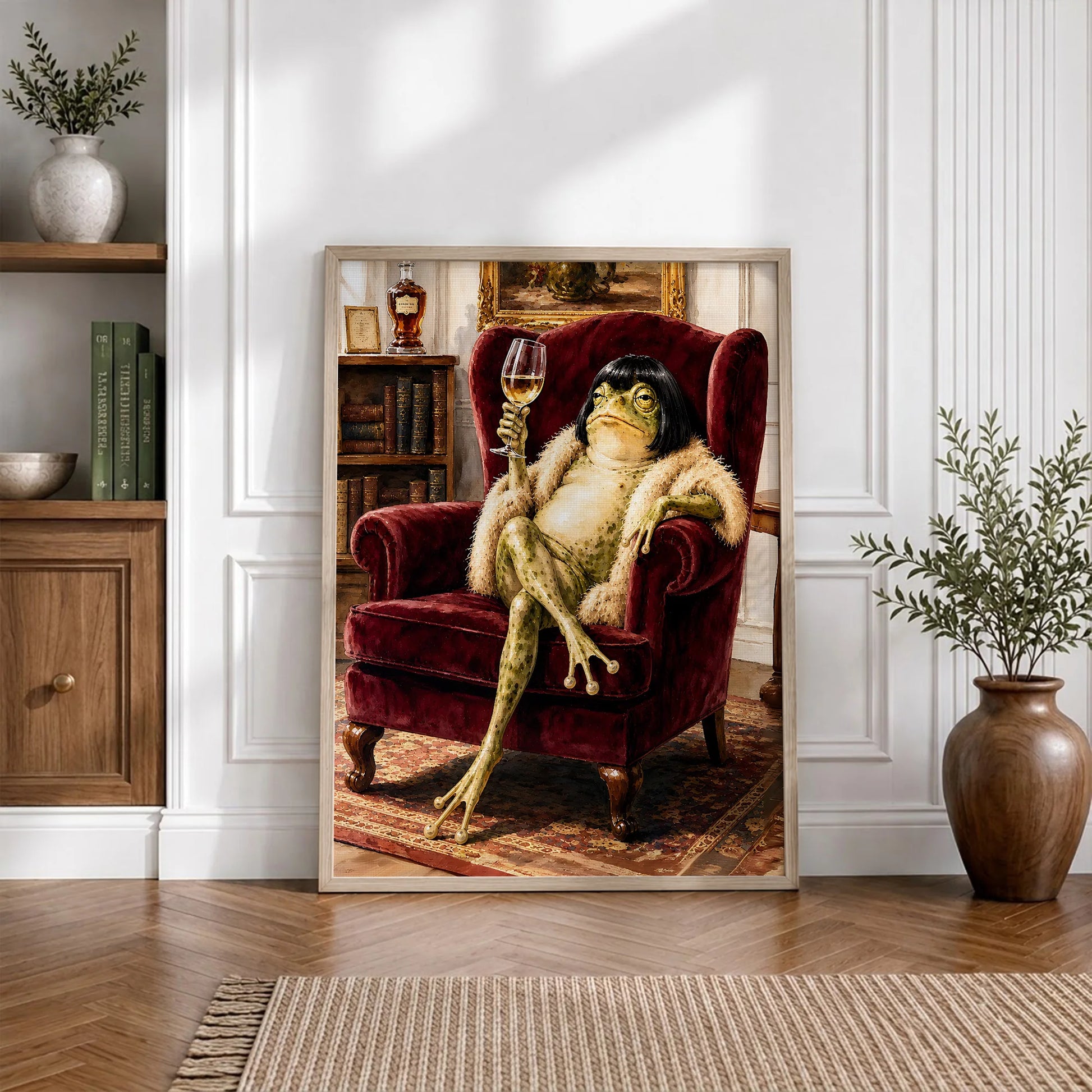 Vintage Whimsical Bob Hair Frog Drinking Champagne  - Funny Canvas Wall Art - Natural Frame 5