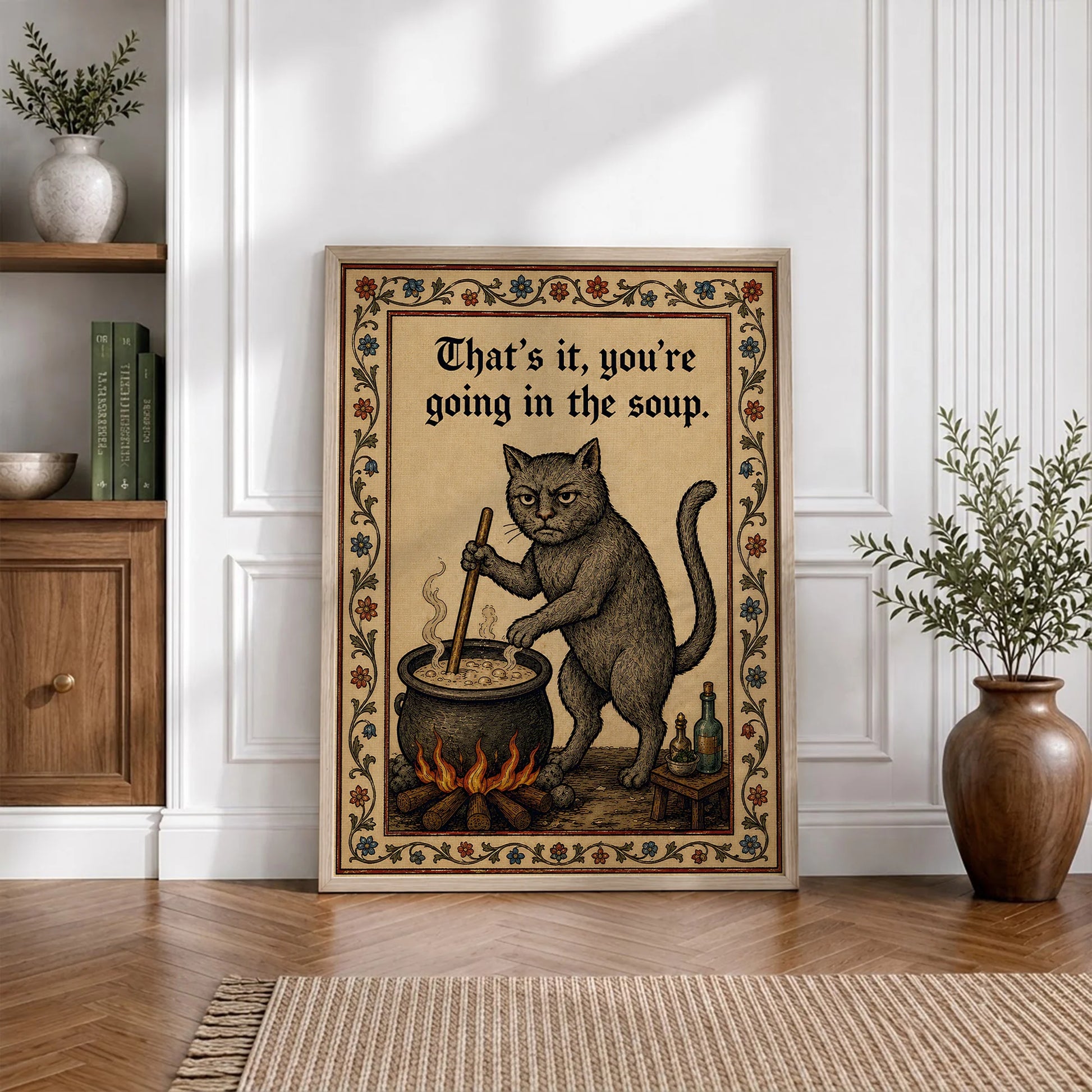 Funny Medieval Cat Going In The Soup Vintage - Funny Canvas Wall Art - Natural Frame 5