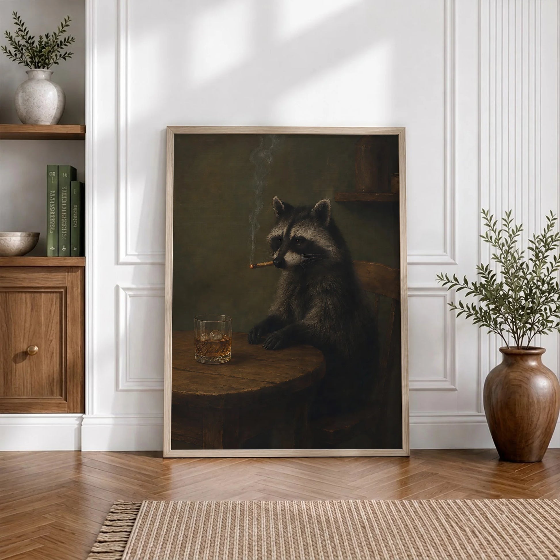 Funny Raccoon Cigar & Whiskey Vintage - Funny Canvas Wall Art - Natural Frame 5