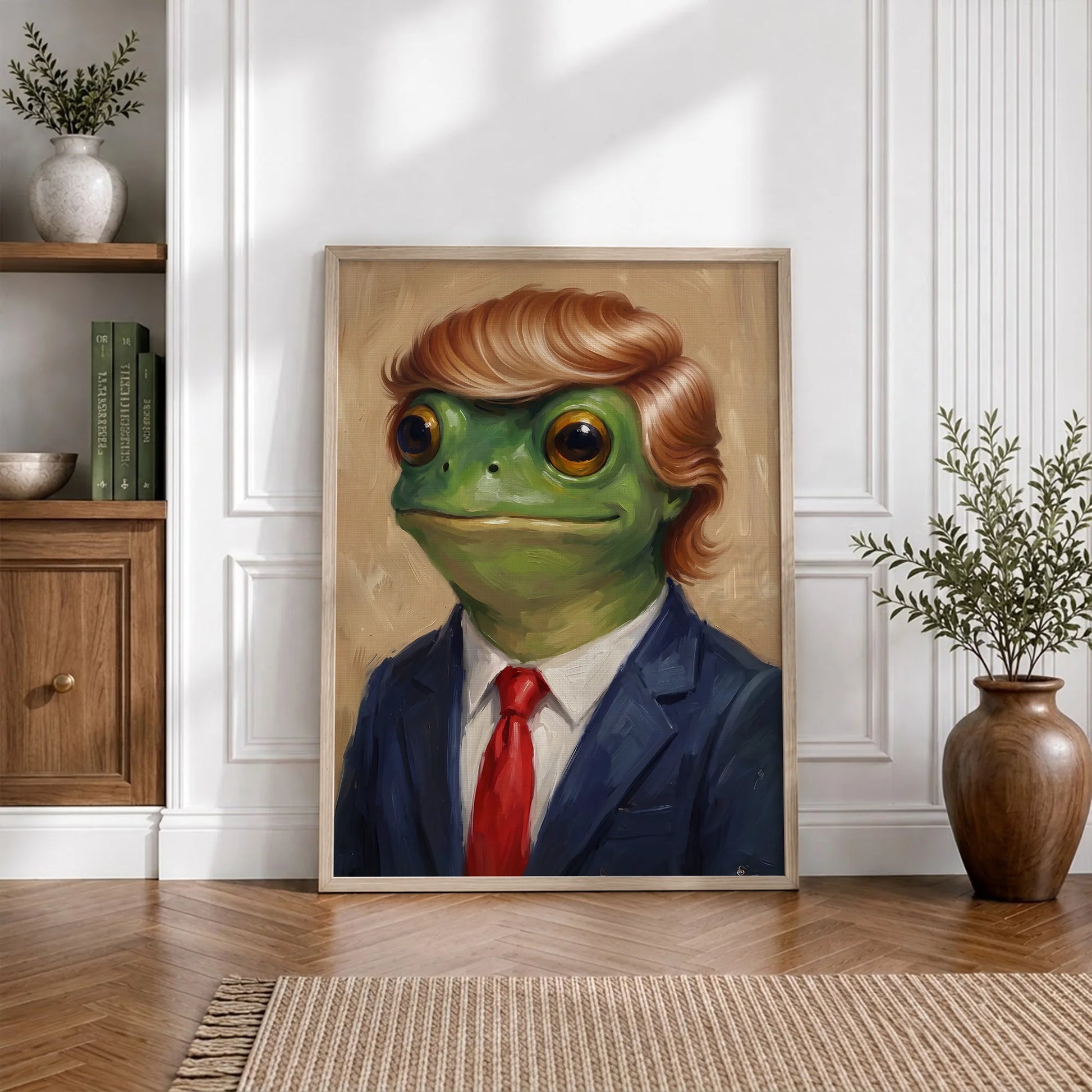 Funny Trump Frog Portrait Oil Painting Art Print Vintage - Funny Canvas Wall Art - Natural Frame 5