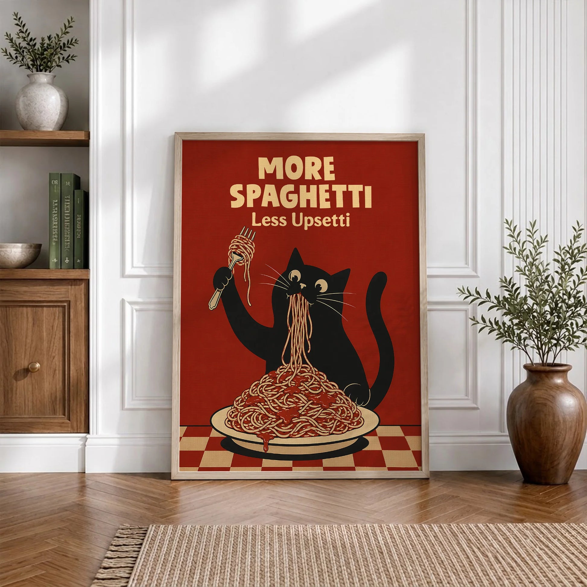 More Spaghetti Less Upsetti Funny Hungry Cat Spaghetti Art Print - Funny Canvas Wall Art - Natural Frame 5
