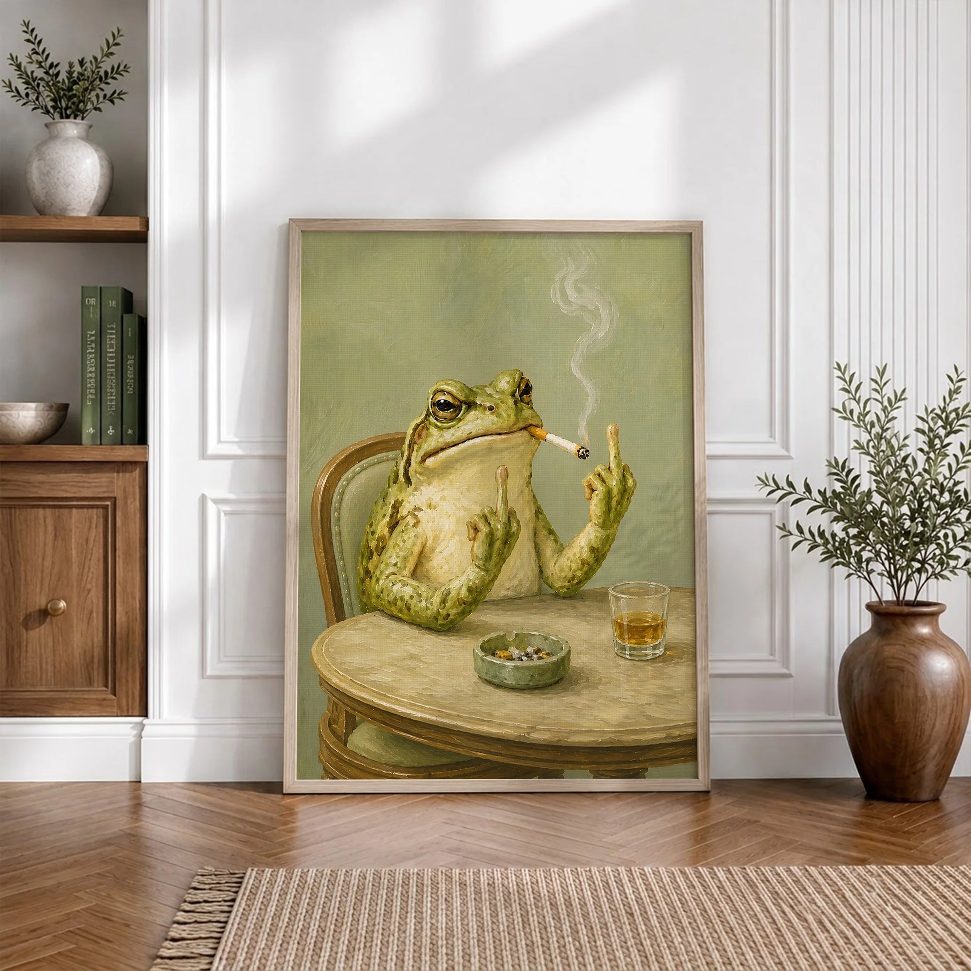 Funky Frog Smoking Middle Finger  - Funny Canvas Wall Art - Natural Frame 5