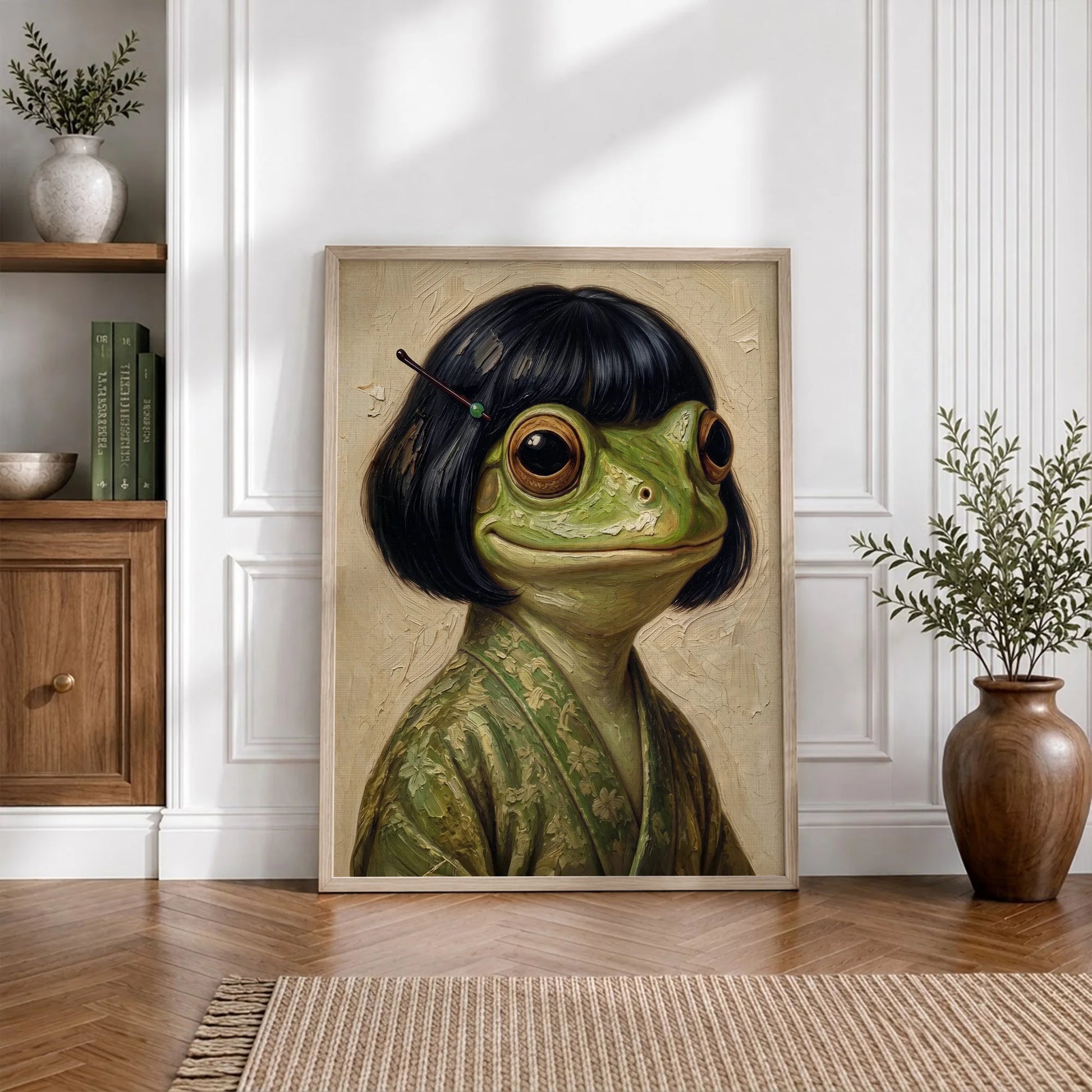 Whimsical Bob Hair Frog Portrait Vintage - Funny Canvas Wall Art - Natural Frame 5
