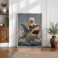 Funny White Cat Riding Shark - Funny Canvas Wall Art - Natural Frame 5