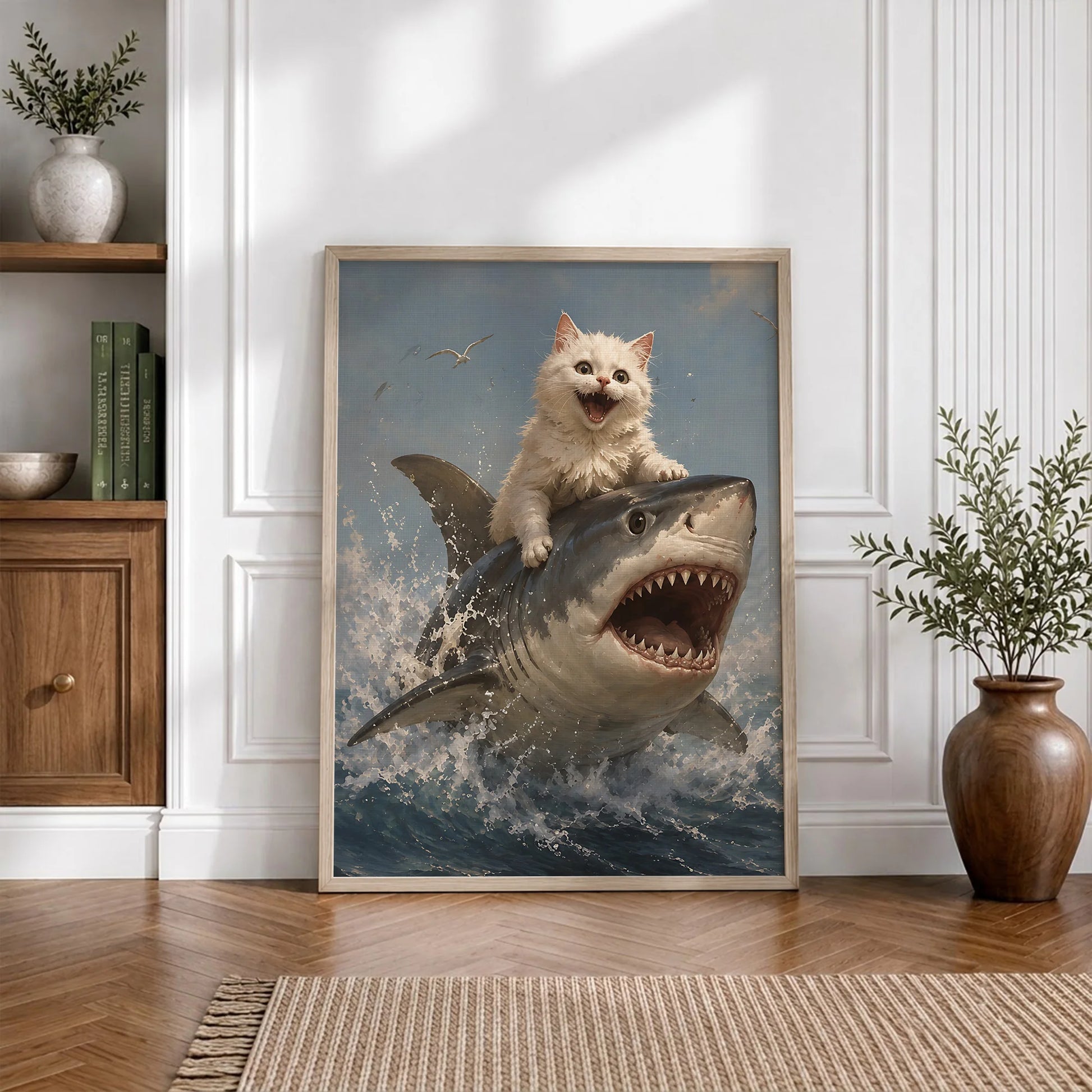 Funny White Cat Riding Shark - Funny Canvas Wall Art - Natural Frame 5