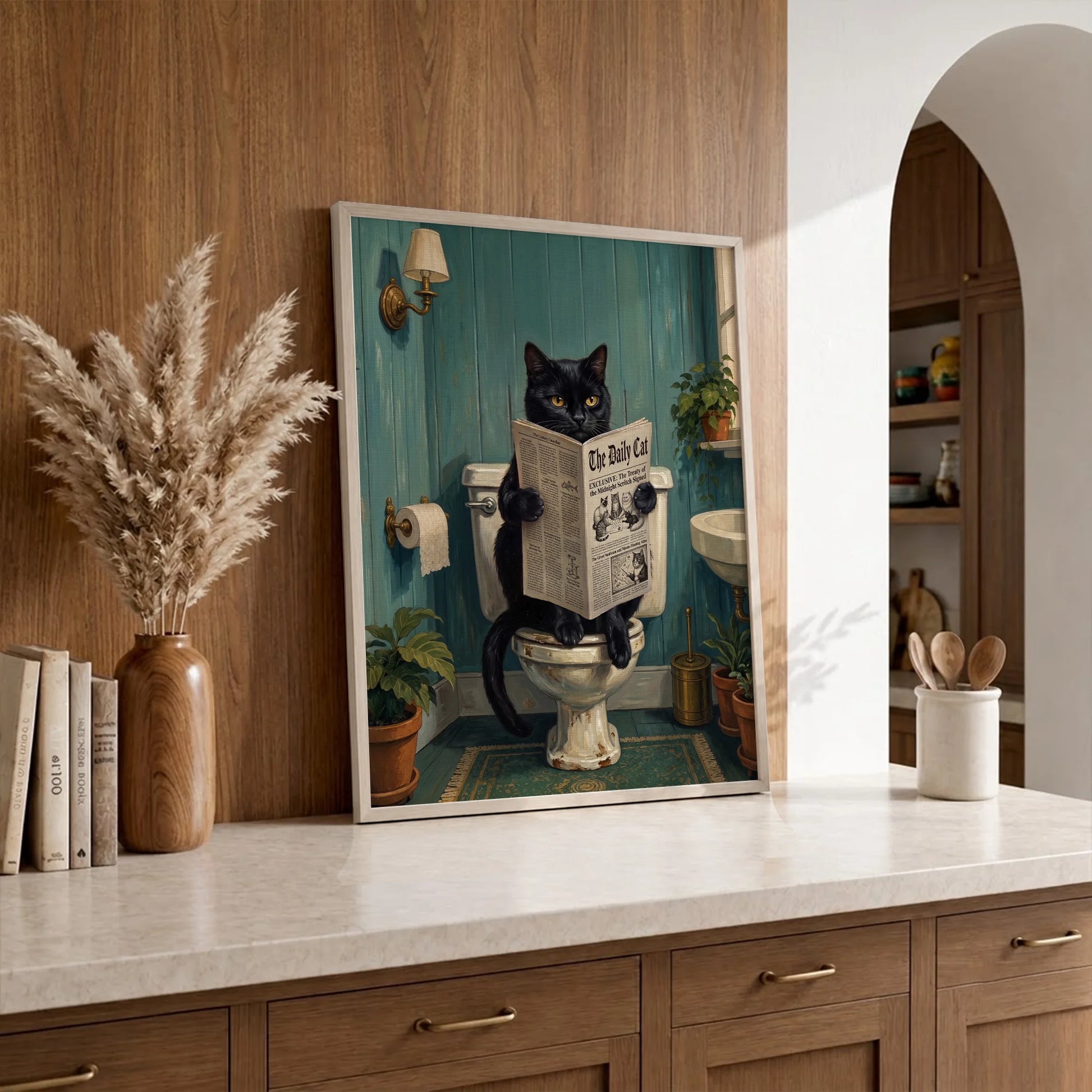 Funny Black Cat Reading Newspaper In Toilet - Funny Canvas Wall Art - 11
