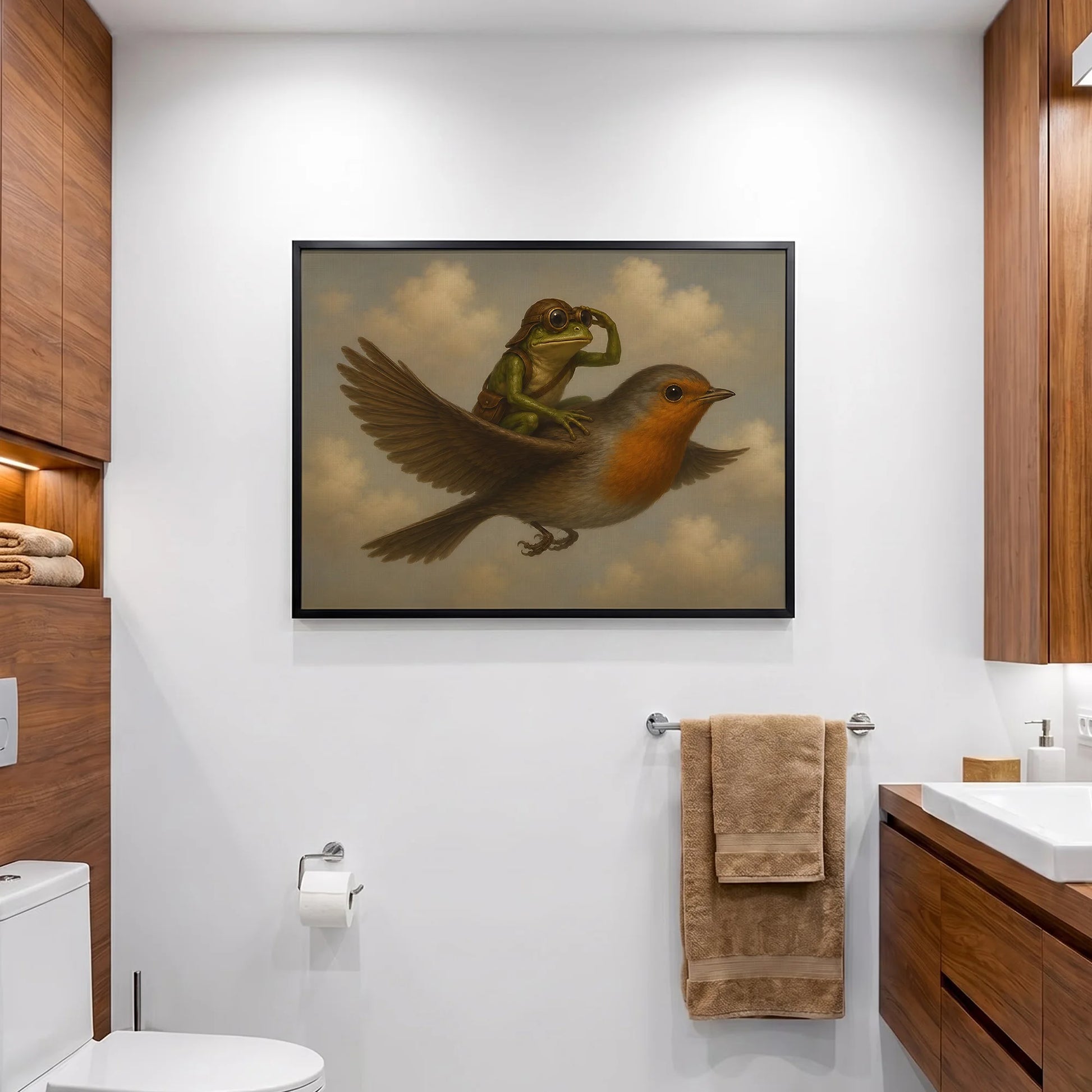 Vintage Whimsical Frog Riding - Funny Canvas Wall Art - Black Frame 1