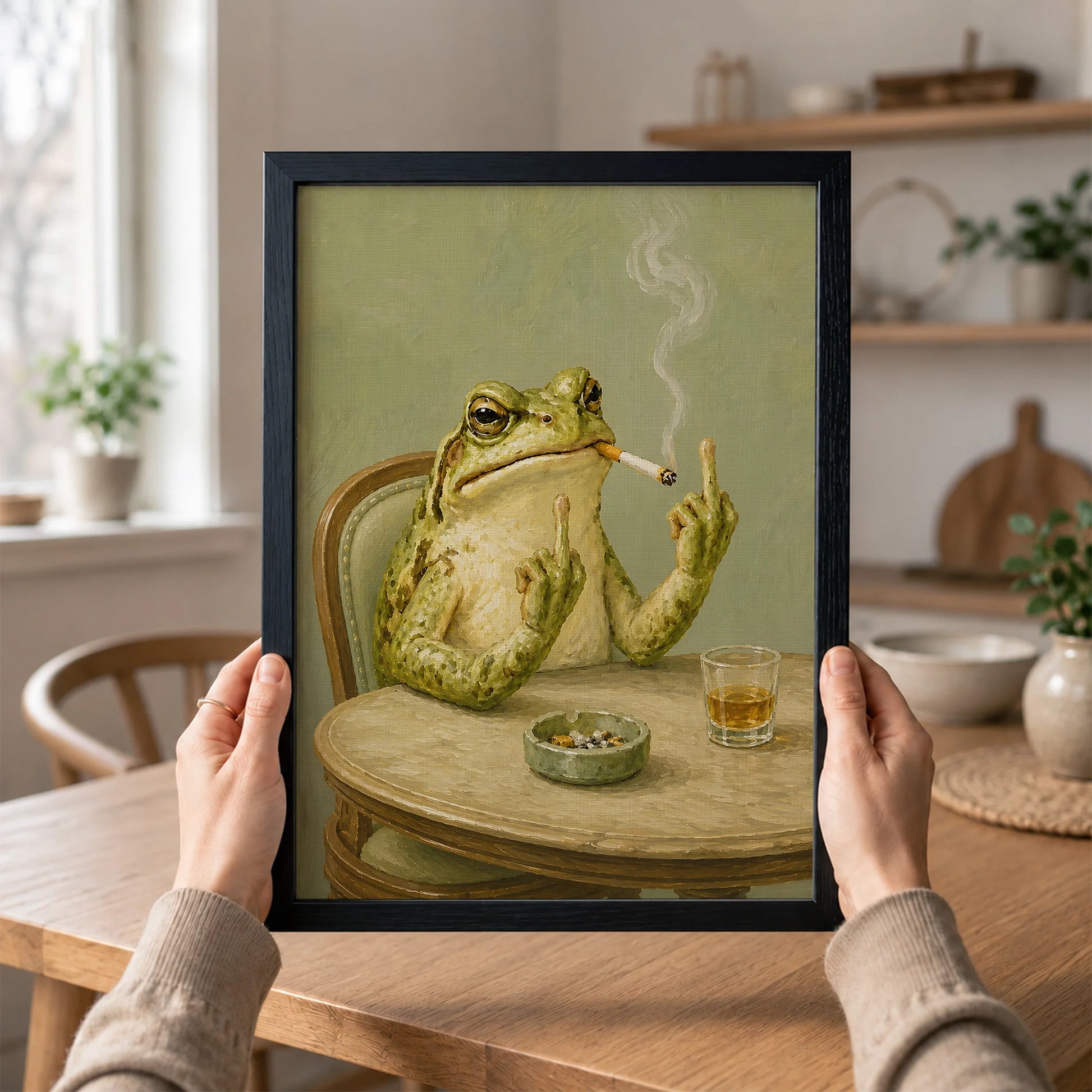 Funky Frog Smoking Middle Finger  - Funny Canvas Wall Art - Black Frame 1