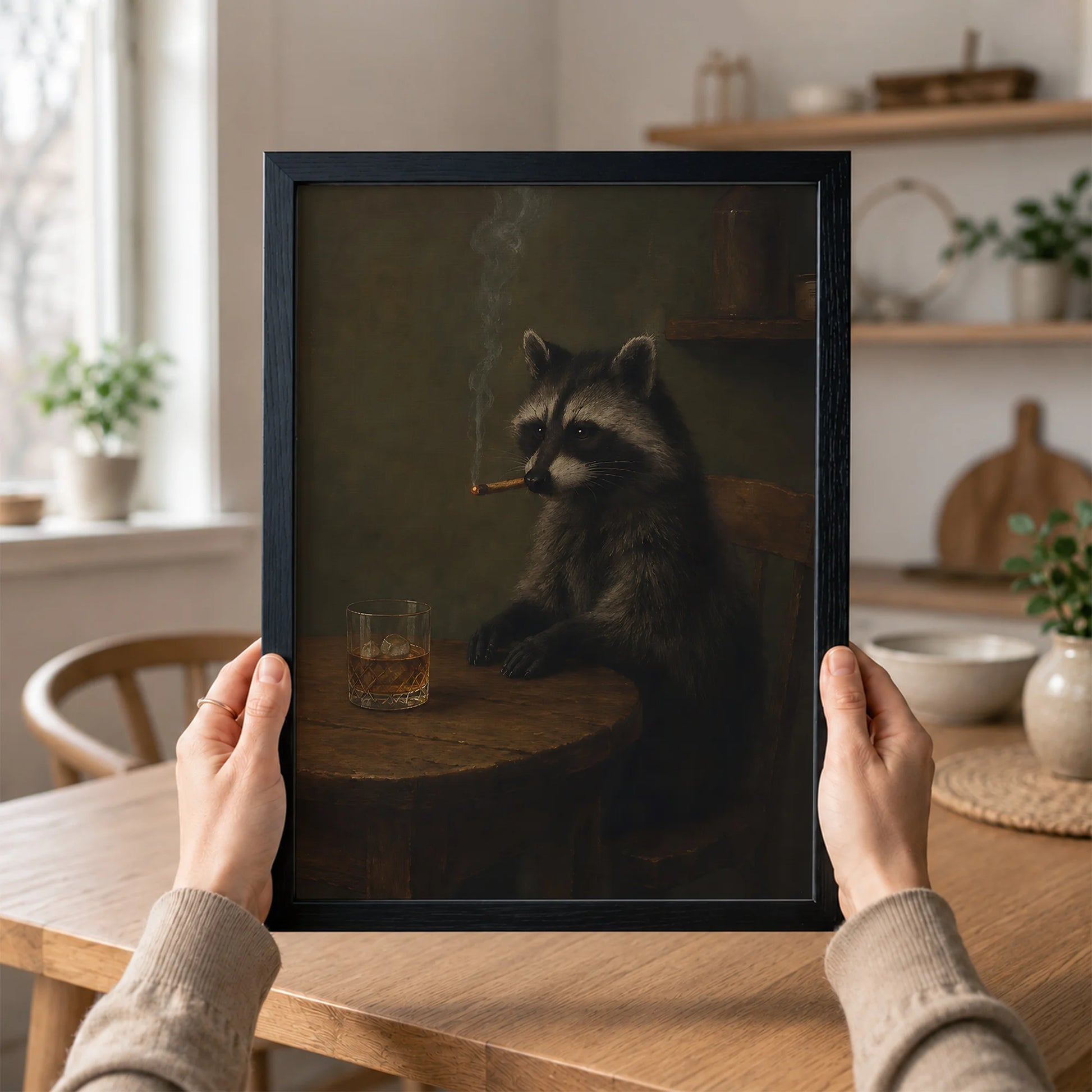 Funny Raccoon Cigar & Whiskey Vintage - Funny Canvas Wall Art - Black Frame 1