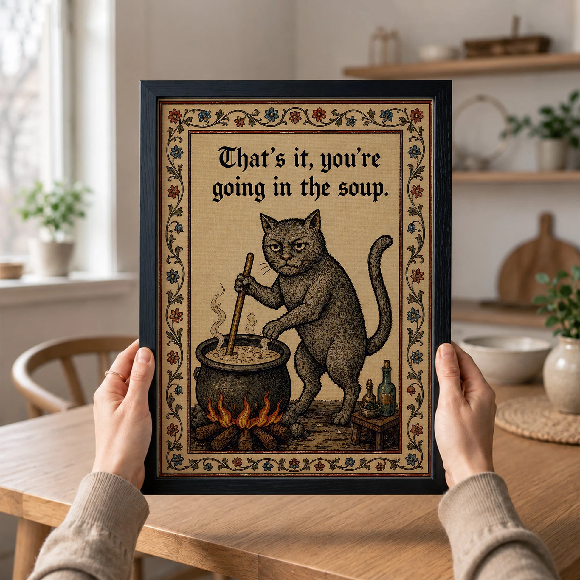 Funny Medieval Cat Going In The Soup Vintage - Funny Canvas Wall Art - Black Frame 1