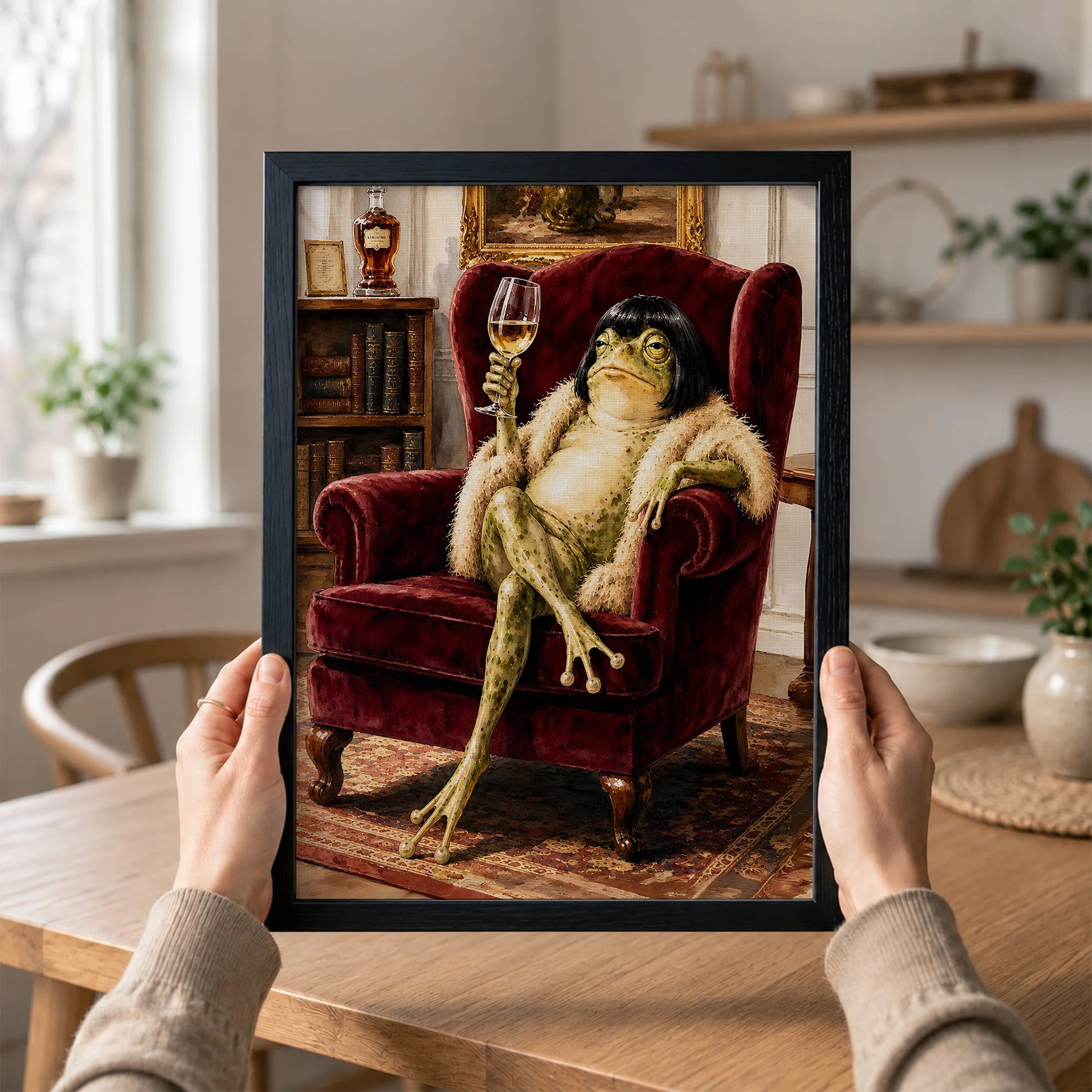 Vintage Whimsical Bob Hair Frog Drinking Champagne  - Funny Canvas Wall Art - Black Frame 1