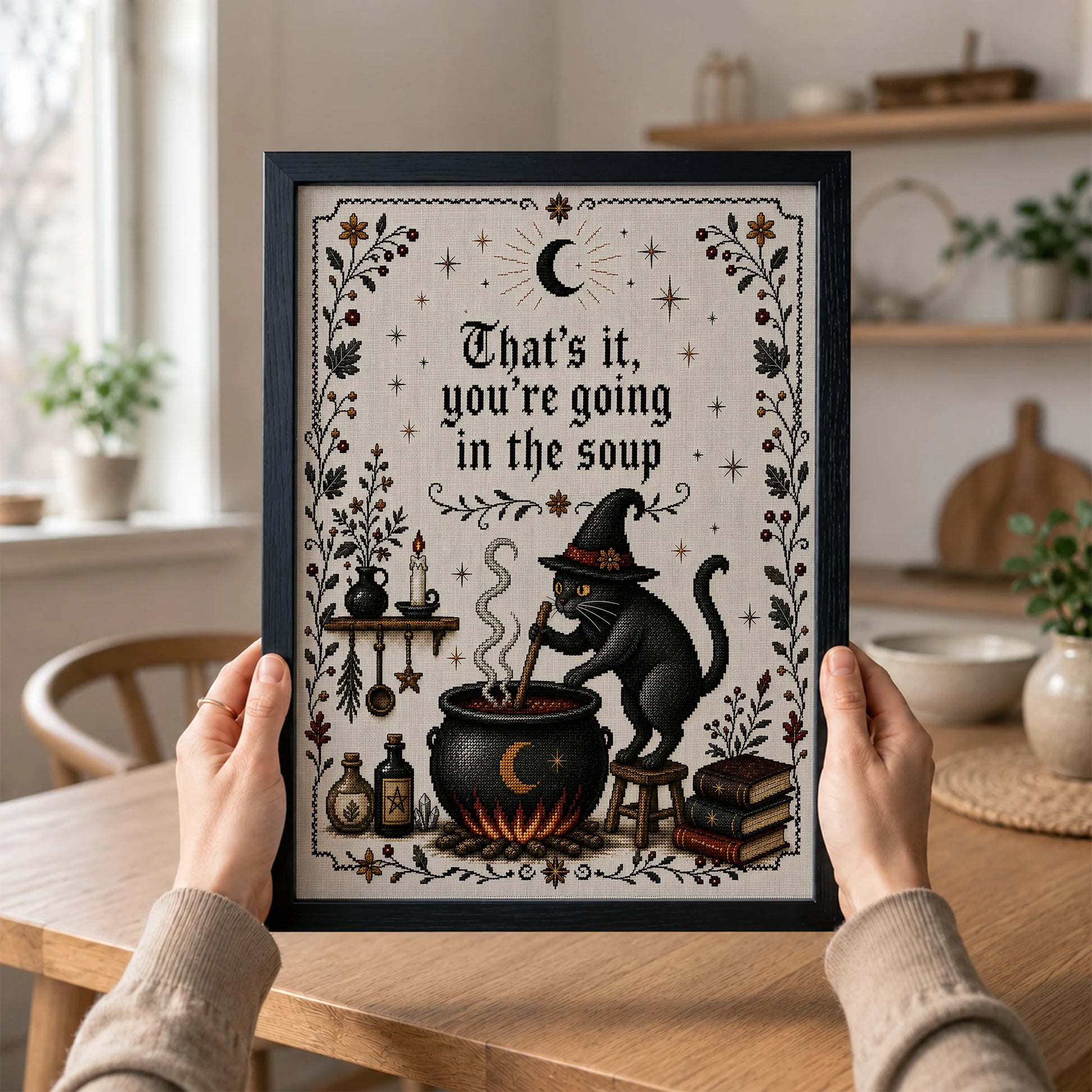 That's It You're Going in the Soup Funny Black Cat Witch - Funny Canvas Wall Art - Black Frame 1