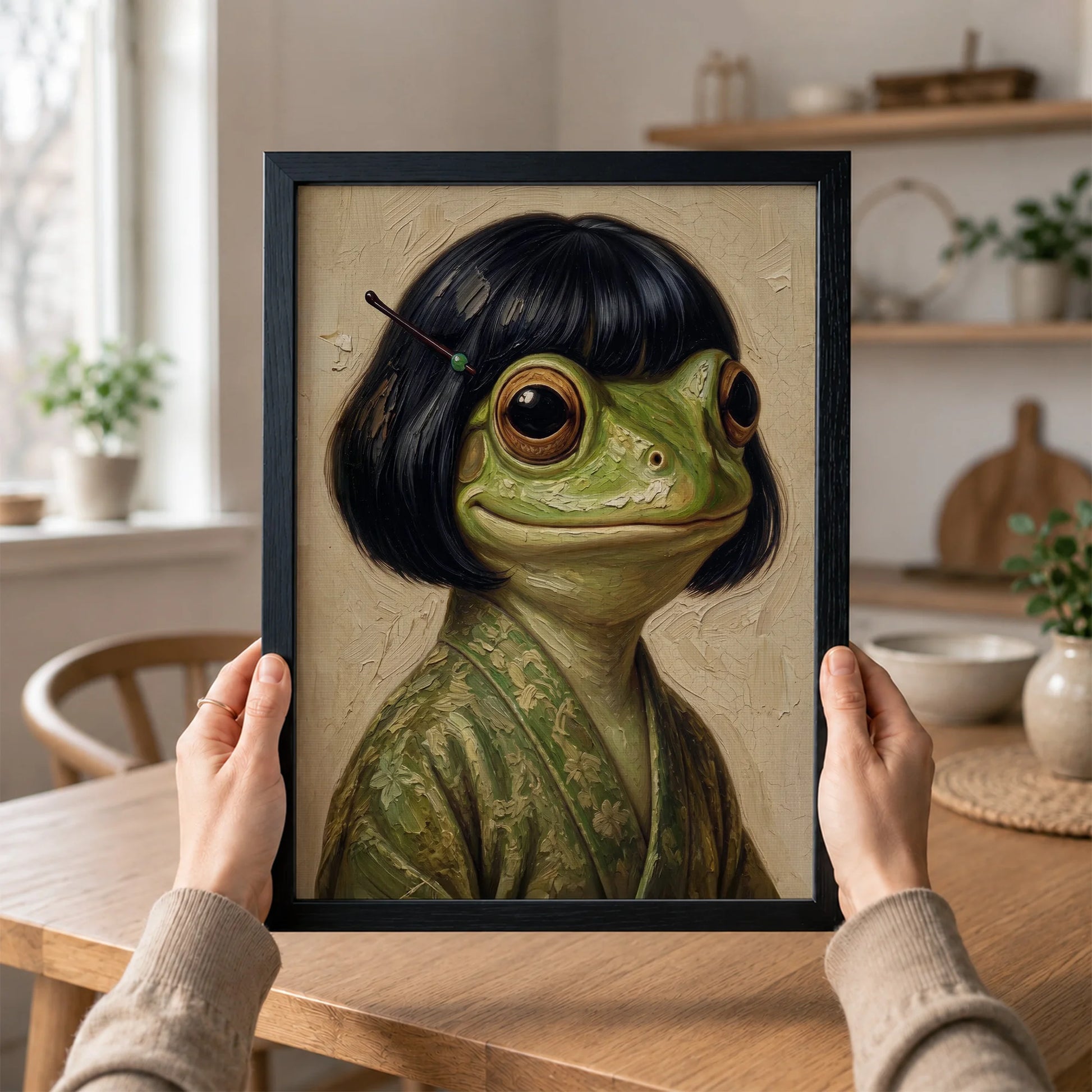 Whimsical Bob Hair Frog Portrait Vintage - Funny Canvas Wall Art - Black Frame 1