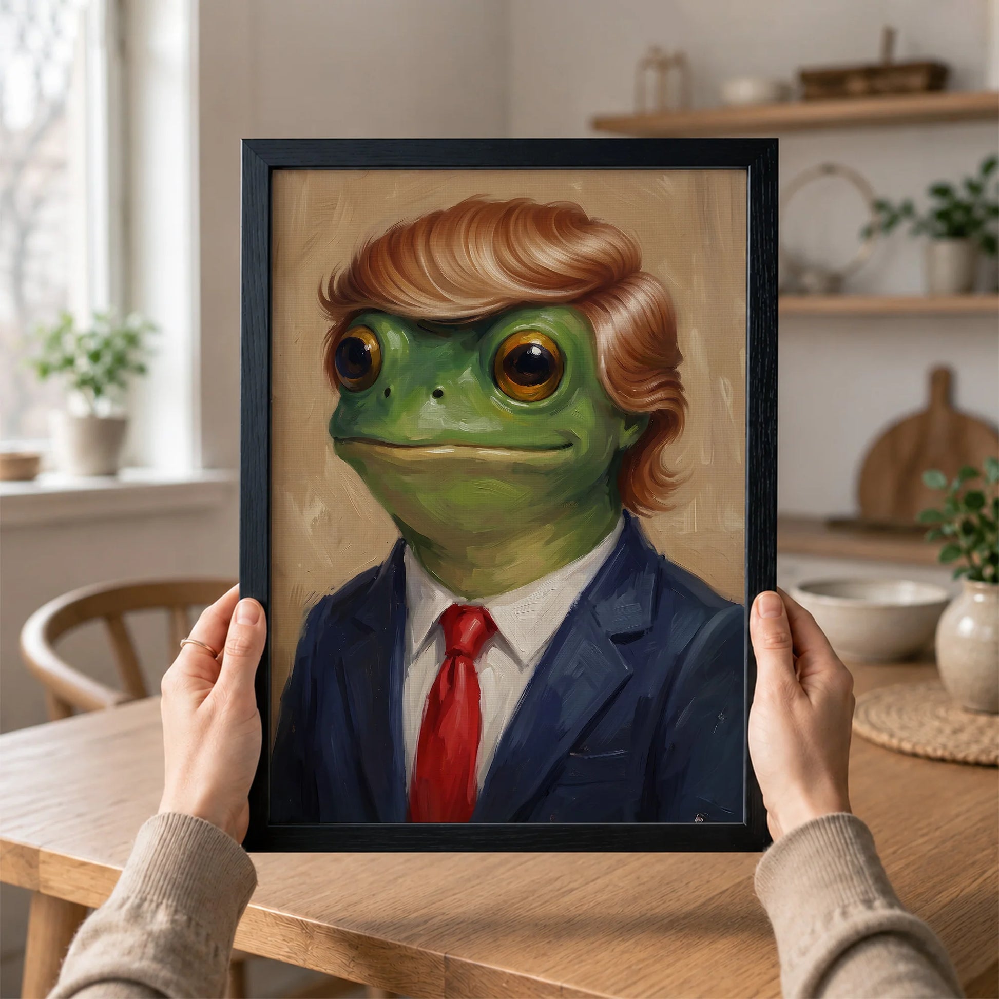 Funny Trump Frog Portrait Oil Painting Art Print Vintage - Funny Canvas Wall Art - Black Frame 1