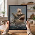 Funny White Cat Riding Shark - Funny Canvas Wall Art - Black Frame 1
