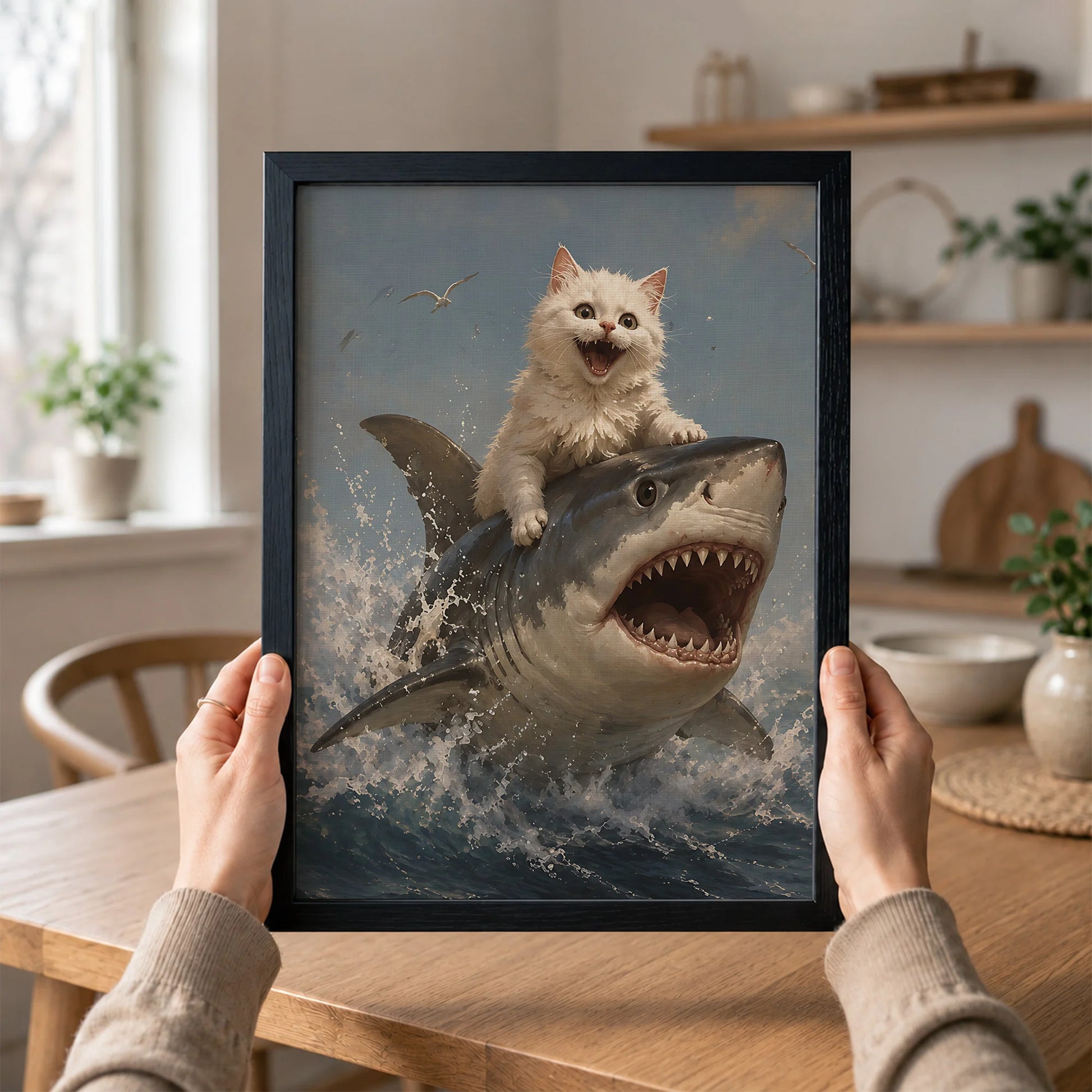 Funny White Cat Riding Shark - Funny Canvas Wall Art - Black Frame 1