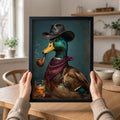 Cowboy Duck Smoking Whiskey Vintage Western - Funny Canvas Wall Art - Black Frame 1