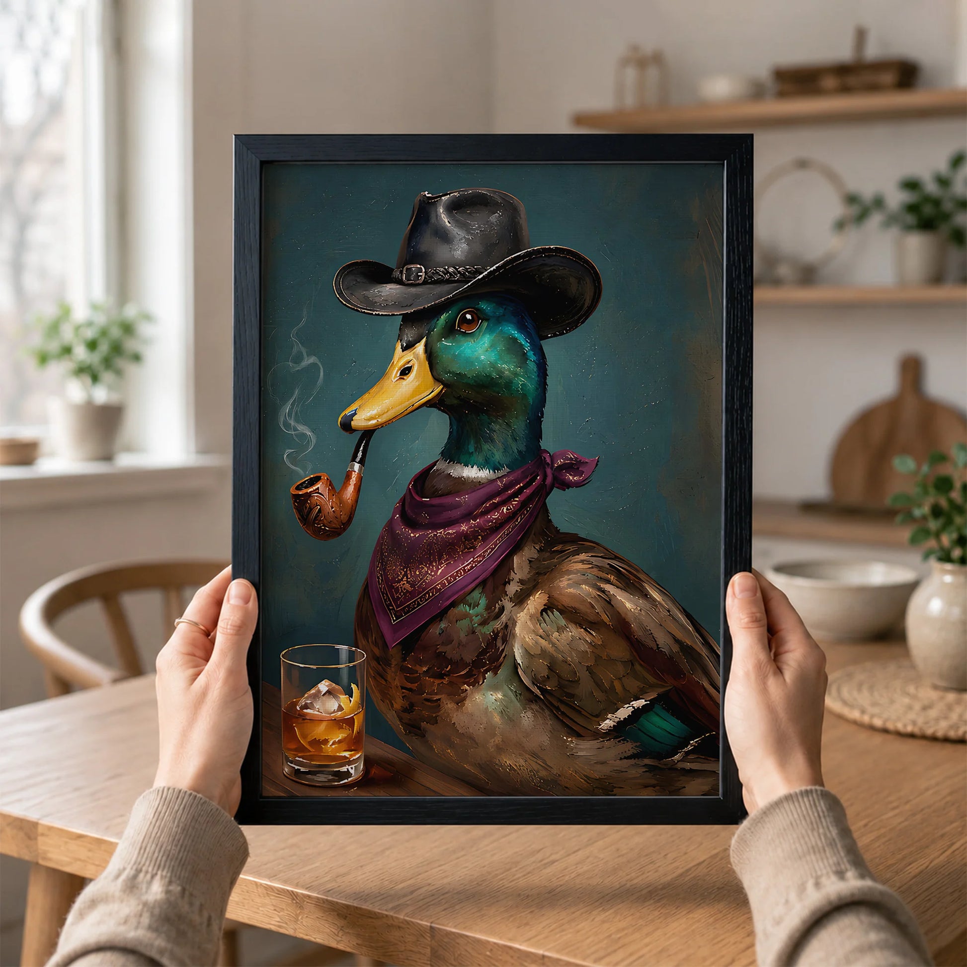 Cowboy Duck Smoking Whiskey Vintage Western - Funny Canvas Wall Art - Black Frame 1
