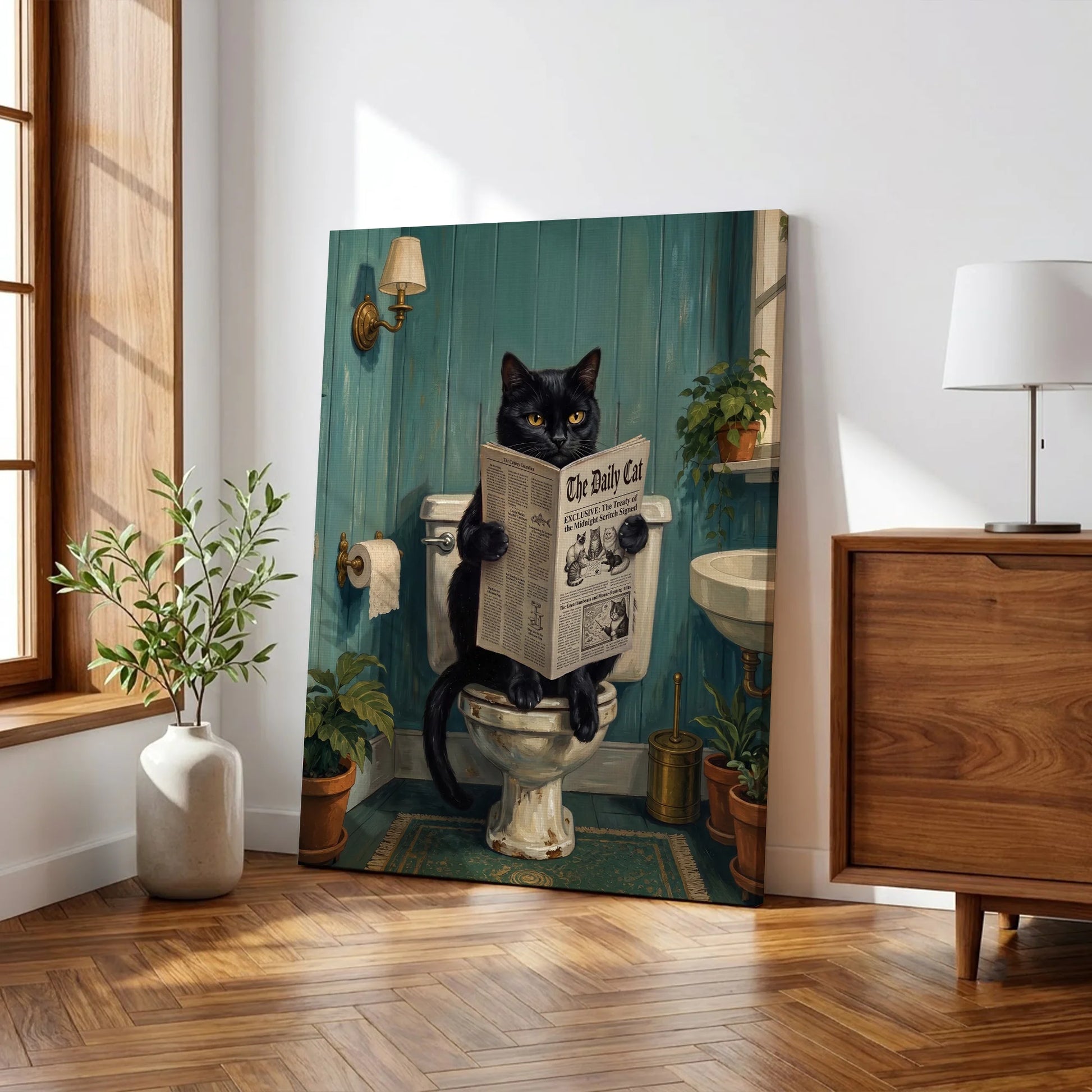 Funny Black Cat Reading Newspaper In Toilet - Funny Canvas Wall Art - 13
