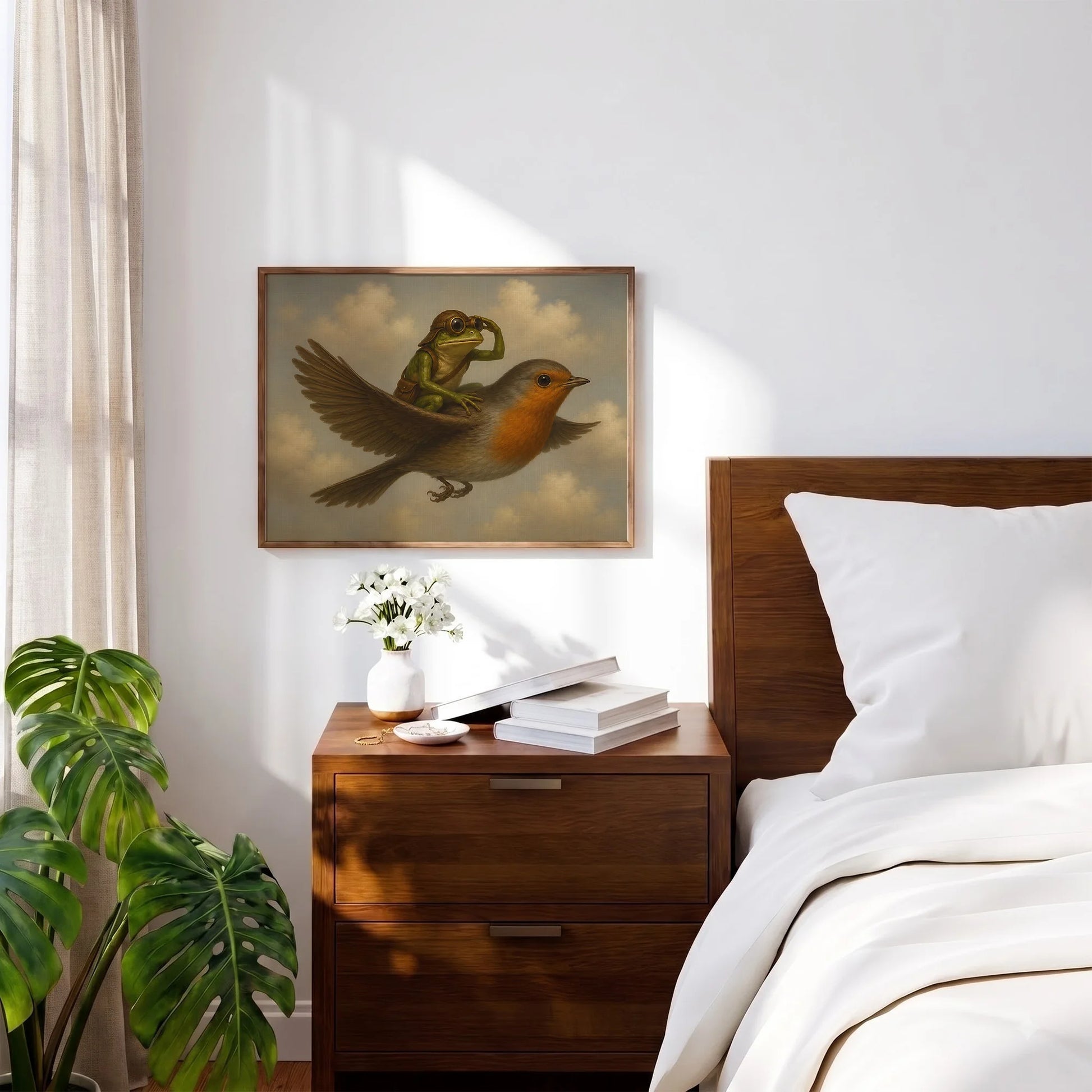 Vintage Whimsical Frog Riding - Funny Canvas Wall Art - Natural Frame 5