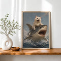 Funny White Cat Riding Shark - Funny Canvas Wall Art - Natural Frame 7