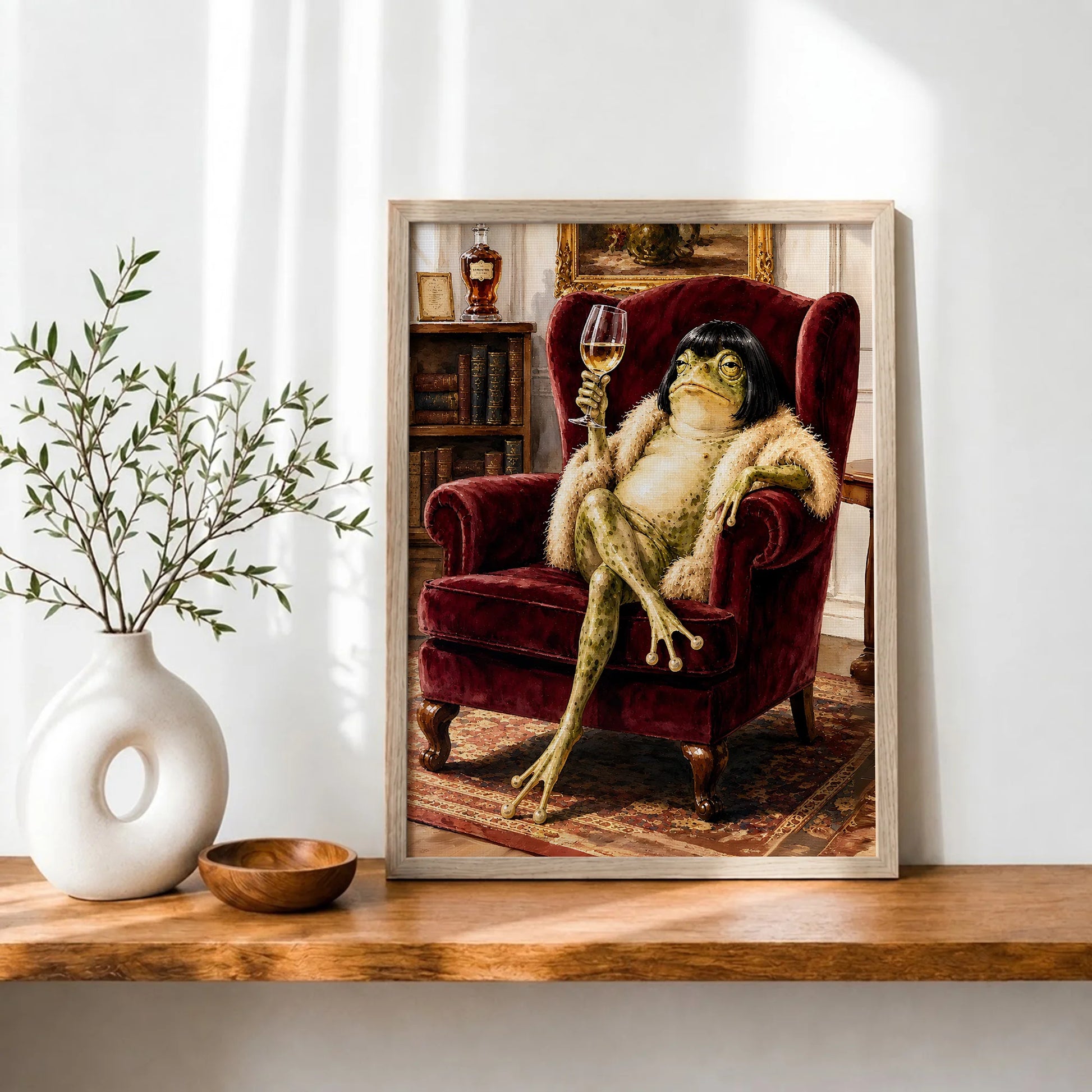 Vintage Whimsical Bob Hair Frog Drinking Champagne  - Funny Canvas Wall Art - Natural Frame 7