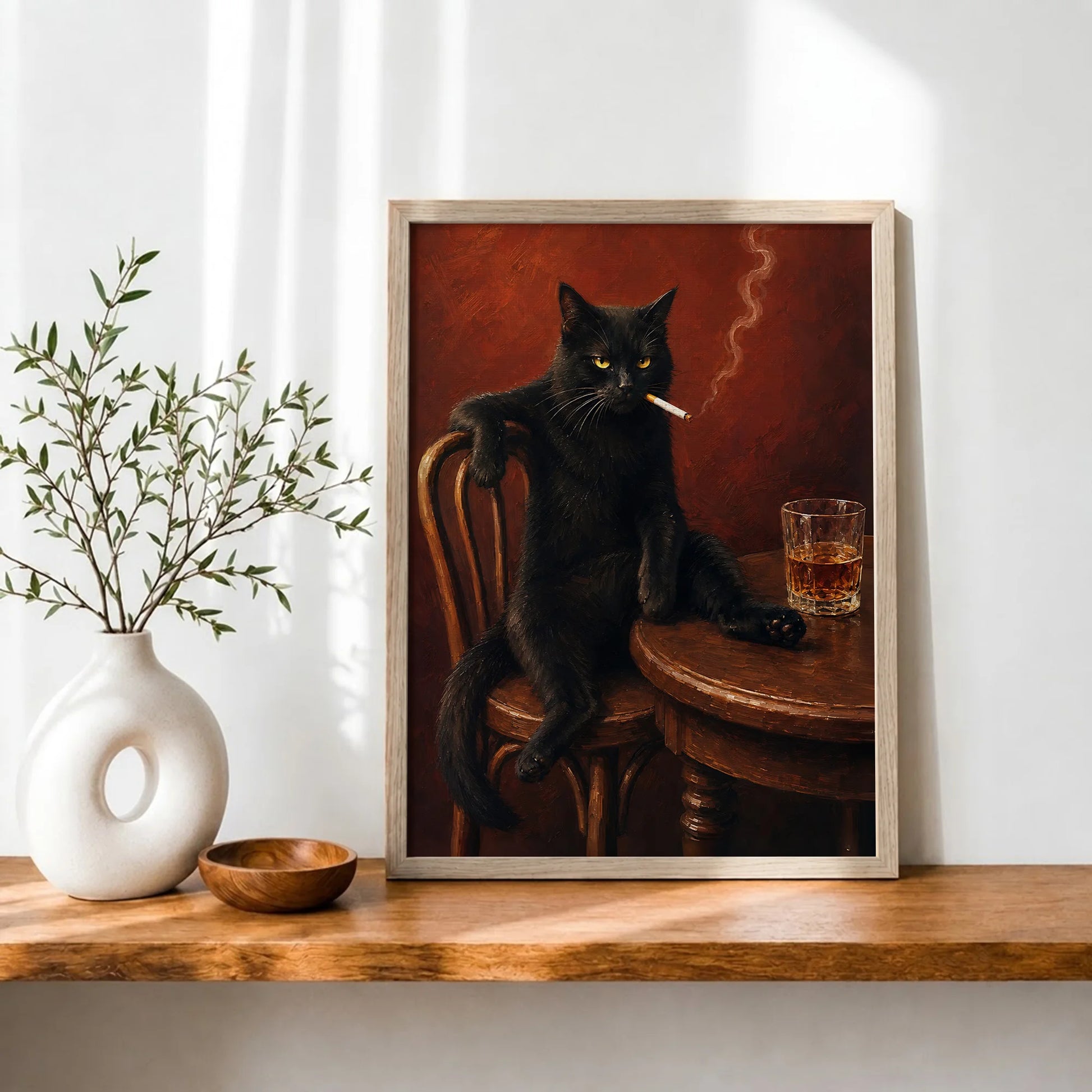 Vintage Black Cat Smoking - Funny Canvas Wall Art - Natural Frame 7