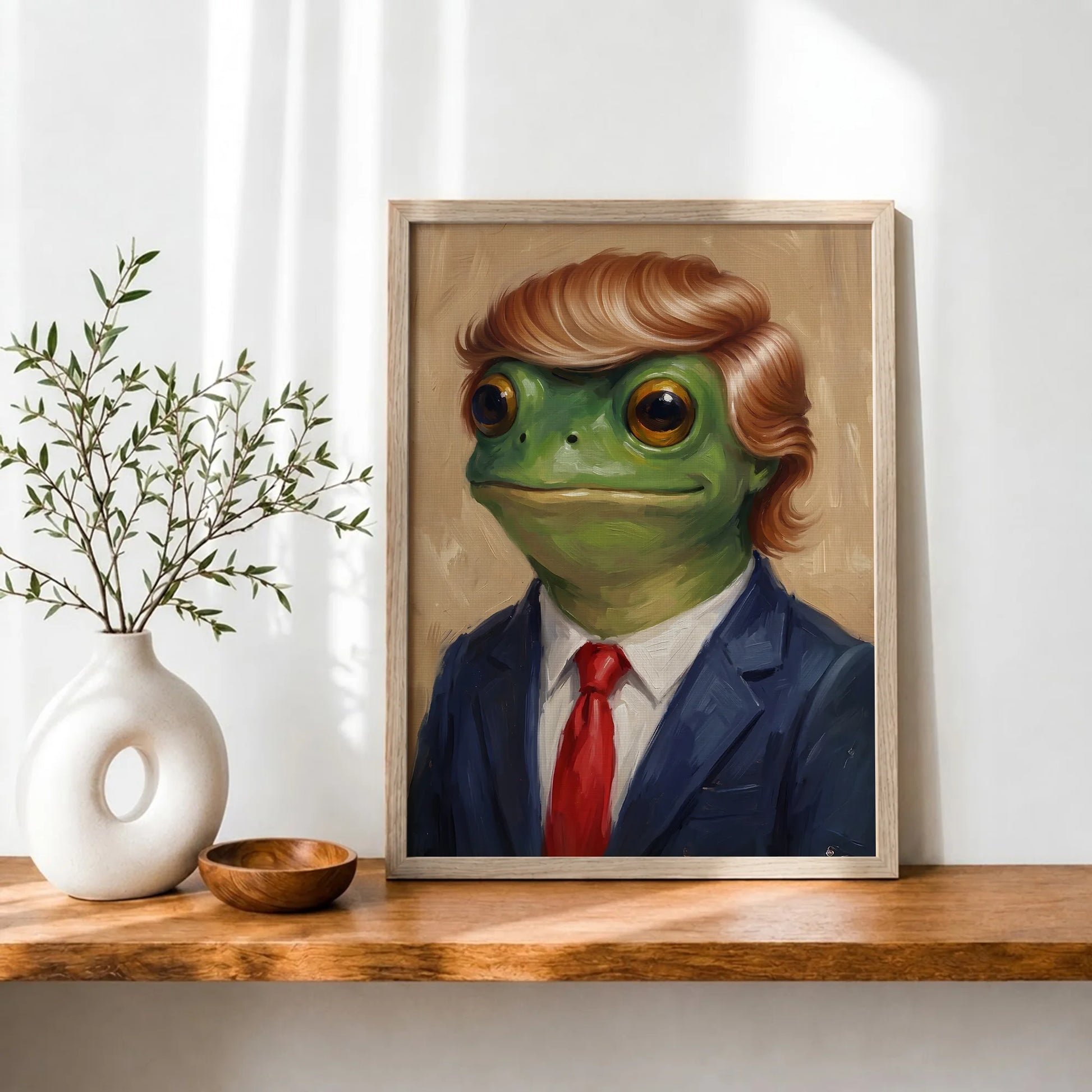 Funny Trump Frog Portrait Oil Painting Art Print Vintage - Funny Canvas Wall Art - Natural Frame 7