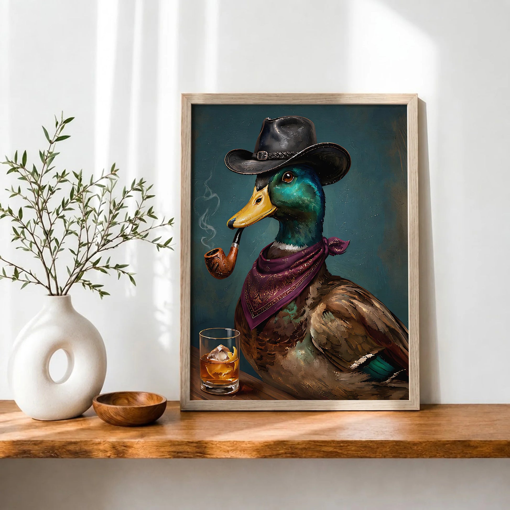 Cowboy Duck Smoking Whiskey Vintage Western - Funny Canvas Wall Art - Natural Frame 7