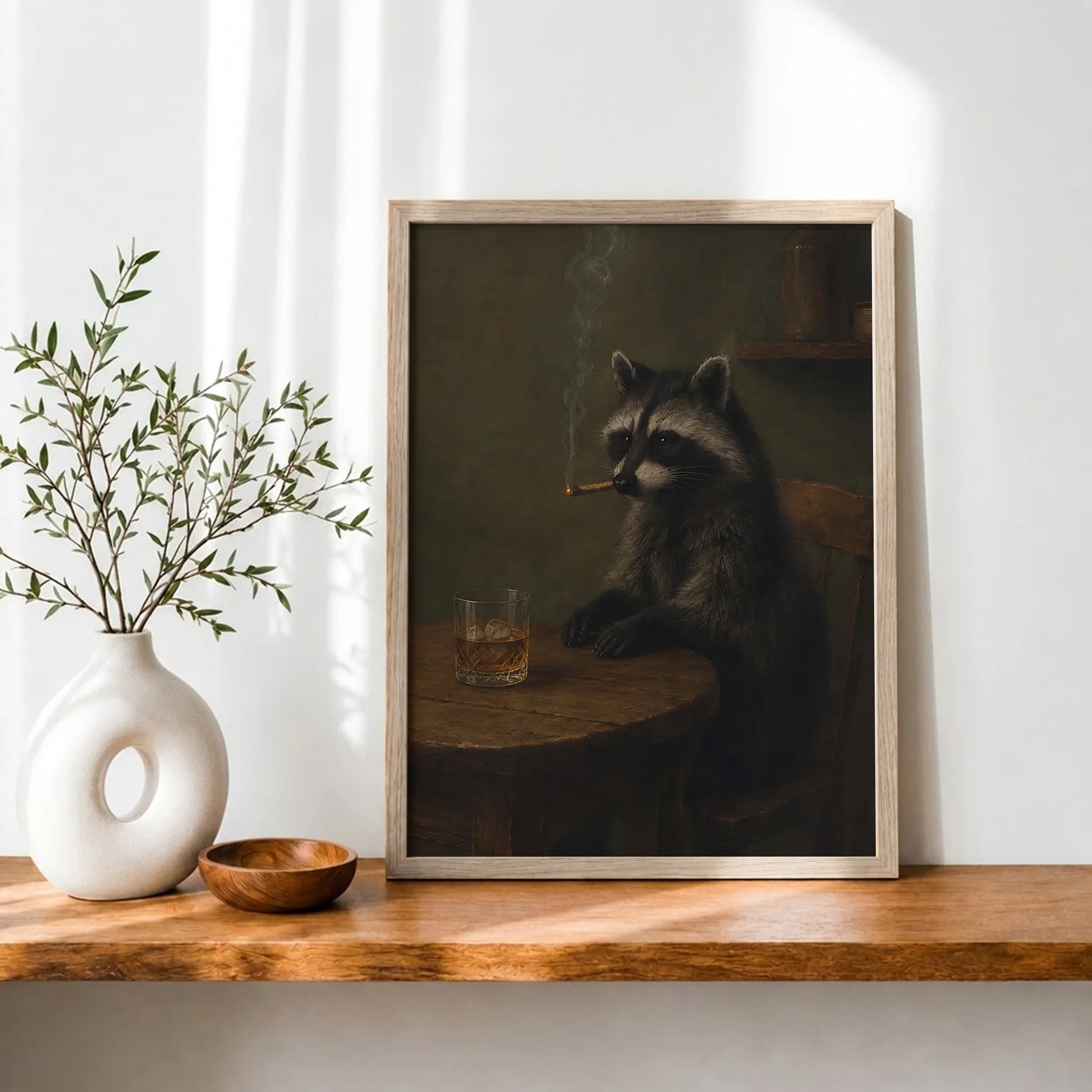 Funny Raccoon Cigar & Whiskey Vintage - Funny Canvas Wall Art - Natural Frame 7