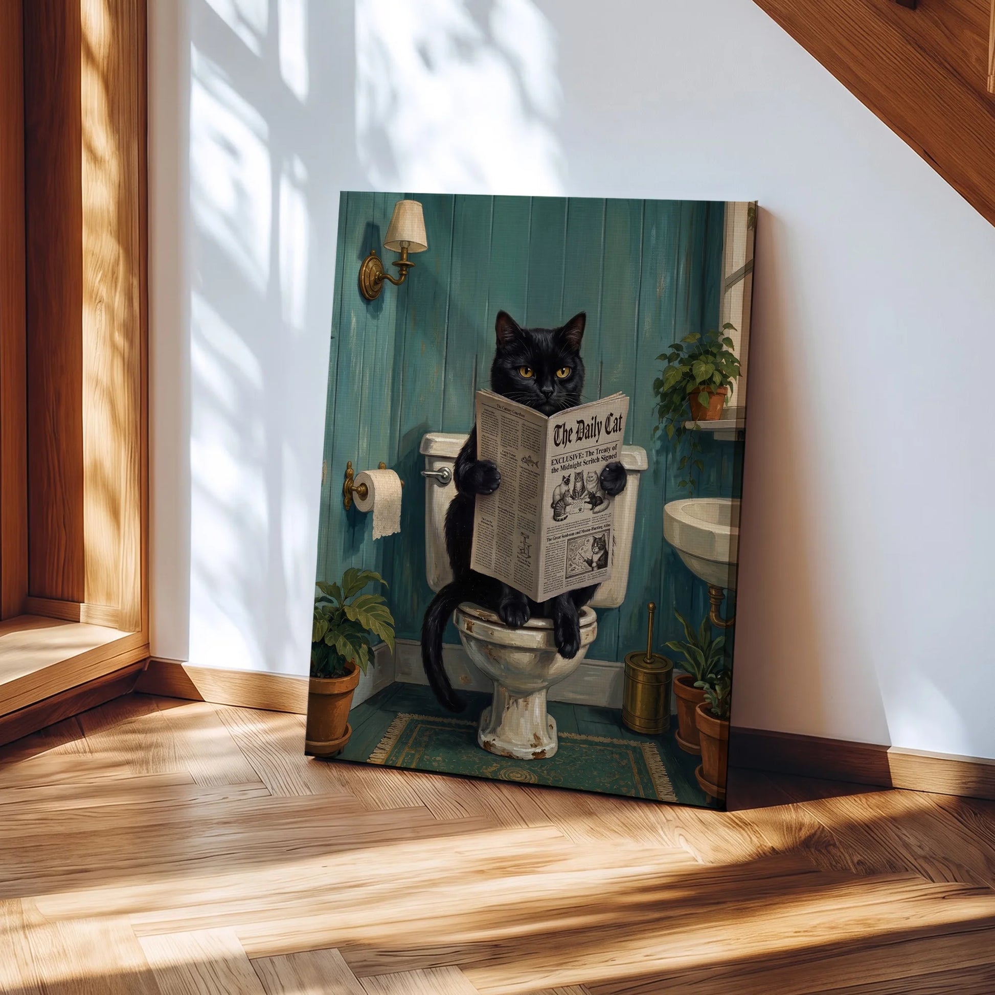Funny Black Cat Reading Newspaper In Toilet - Funny Canvas Wall Art - 14