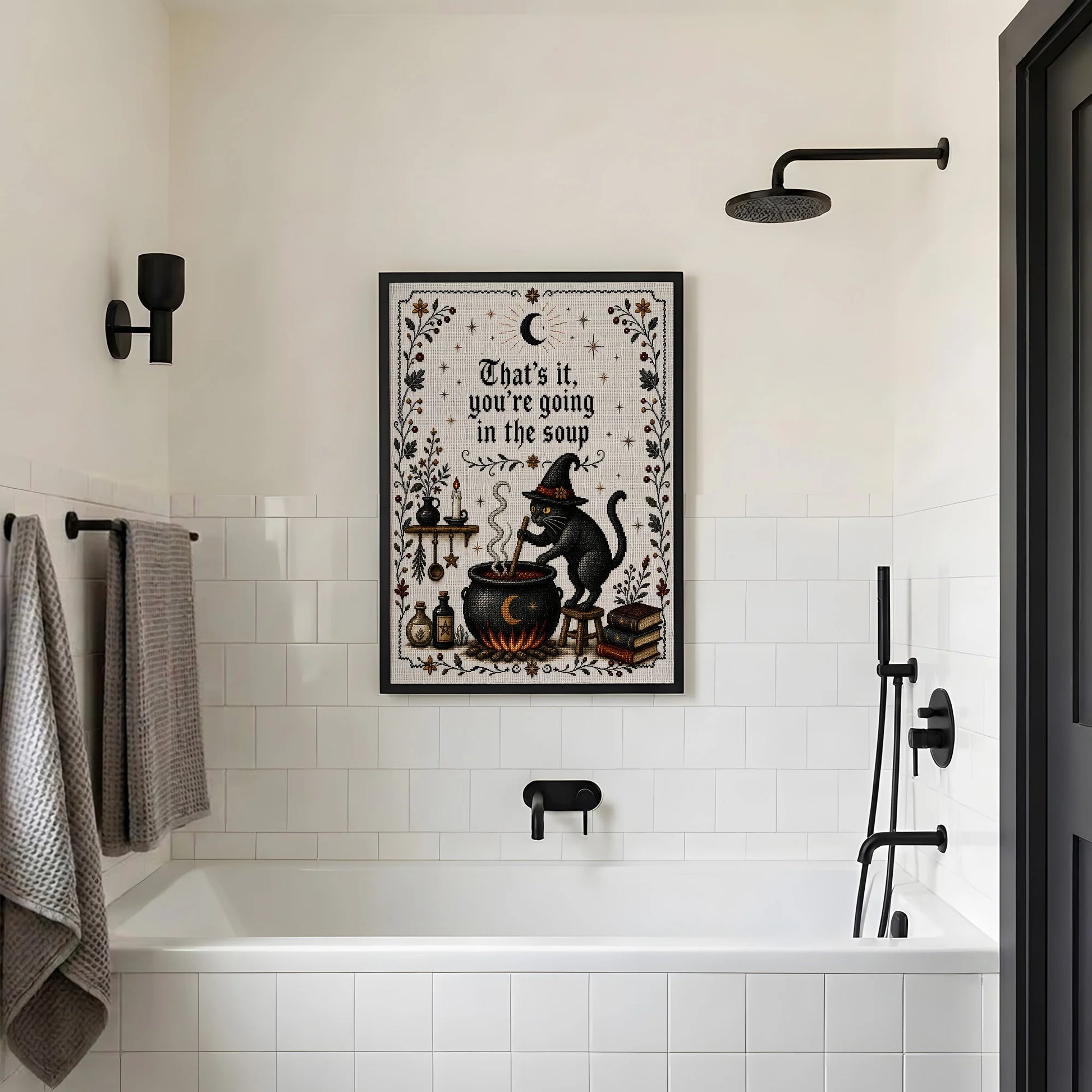 That's It You're Going in the Soup Funny Black Cat Witch - Funny Canvas Wall Art - Black Frame 2
