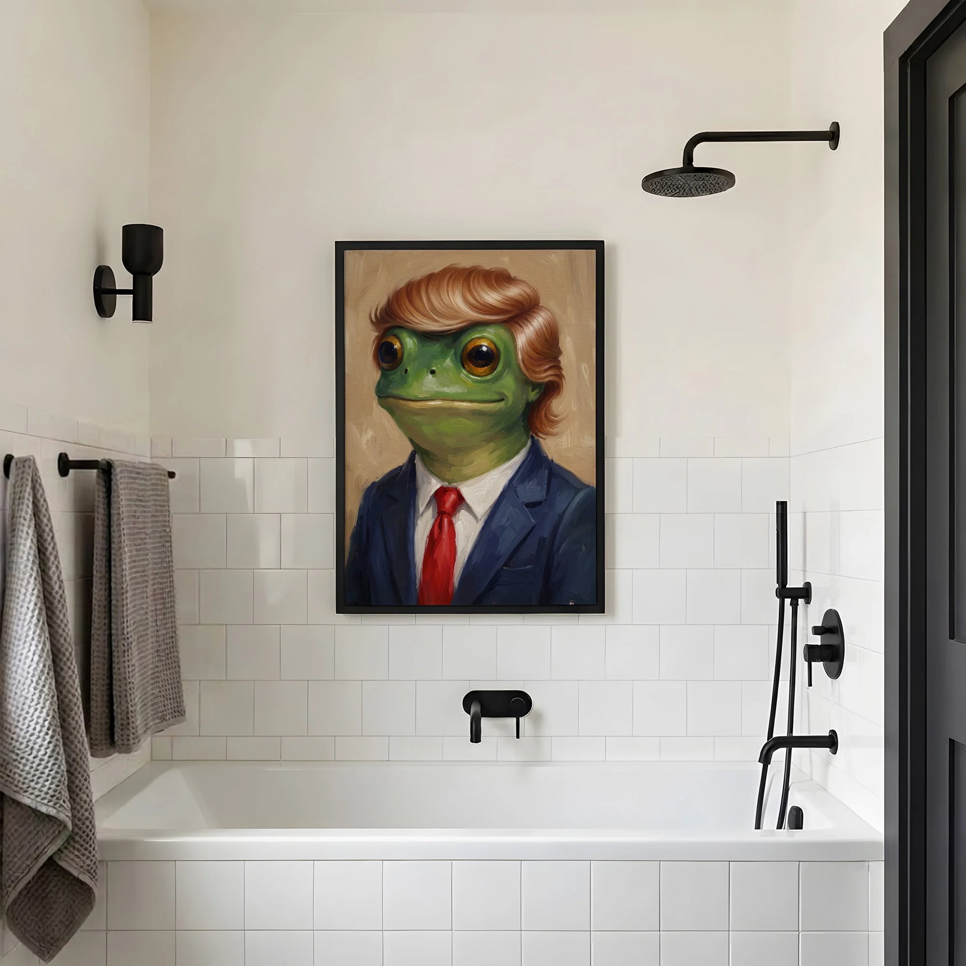 Funny Trump Frog Portrait Oil Painting Art Print Vintage - Funny Canvas Wall Art - Black Frame 2