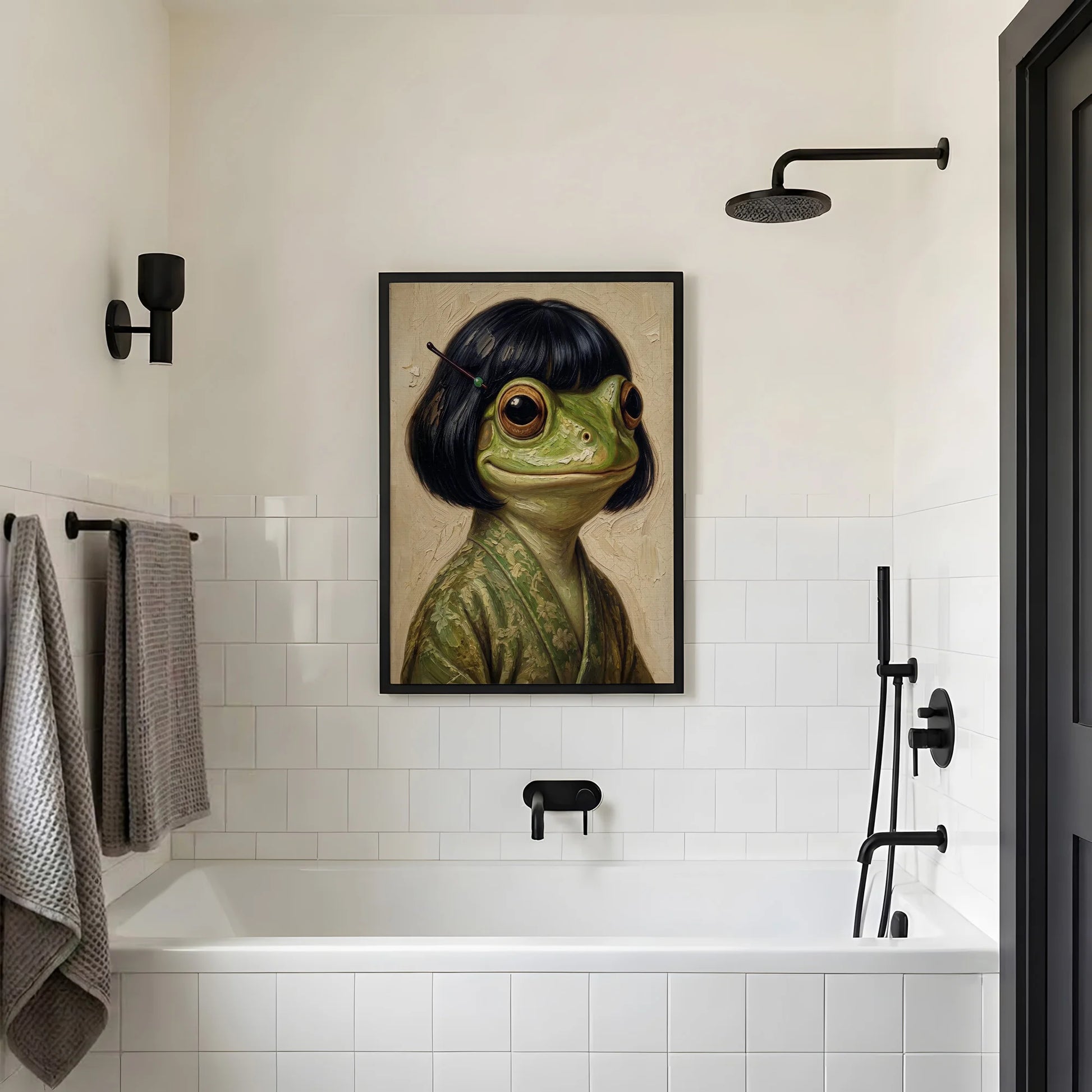 Whimsical Bob Hair Frog Portrait Vintage - Funny Canvas Wall Art - Black Frame 2