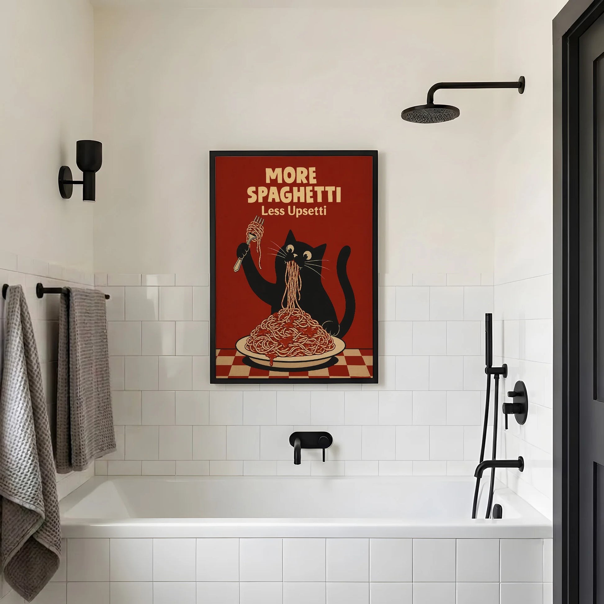 More Spaghetti Less Upsetti Funny Hungry Cat Spaghetti Art Print - Funny Canvas Wall Art - Black Frame 2