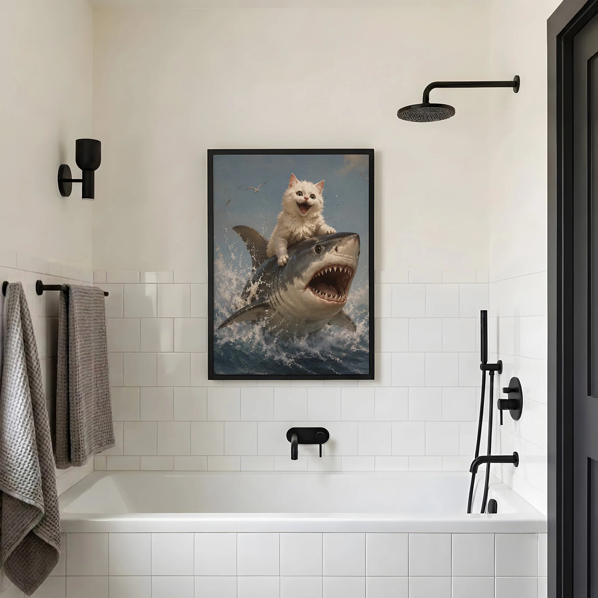 Funny White Cat Riding Shark - Funny Canvas Wall Art - Black Frame 2