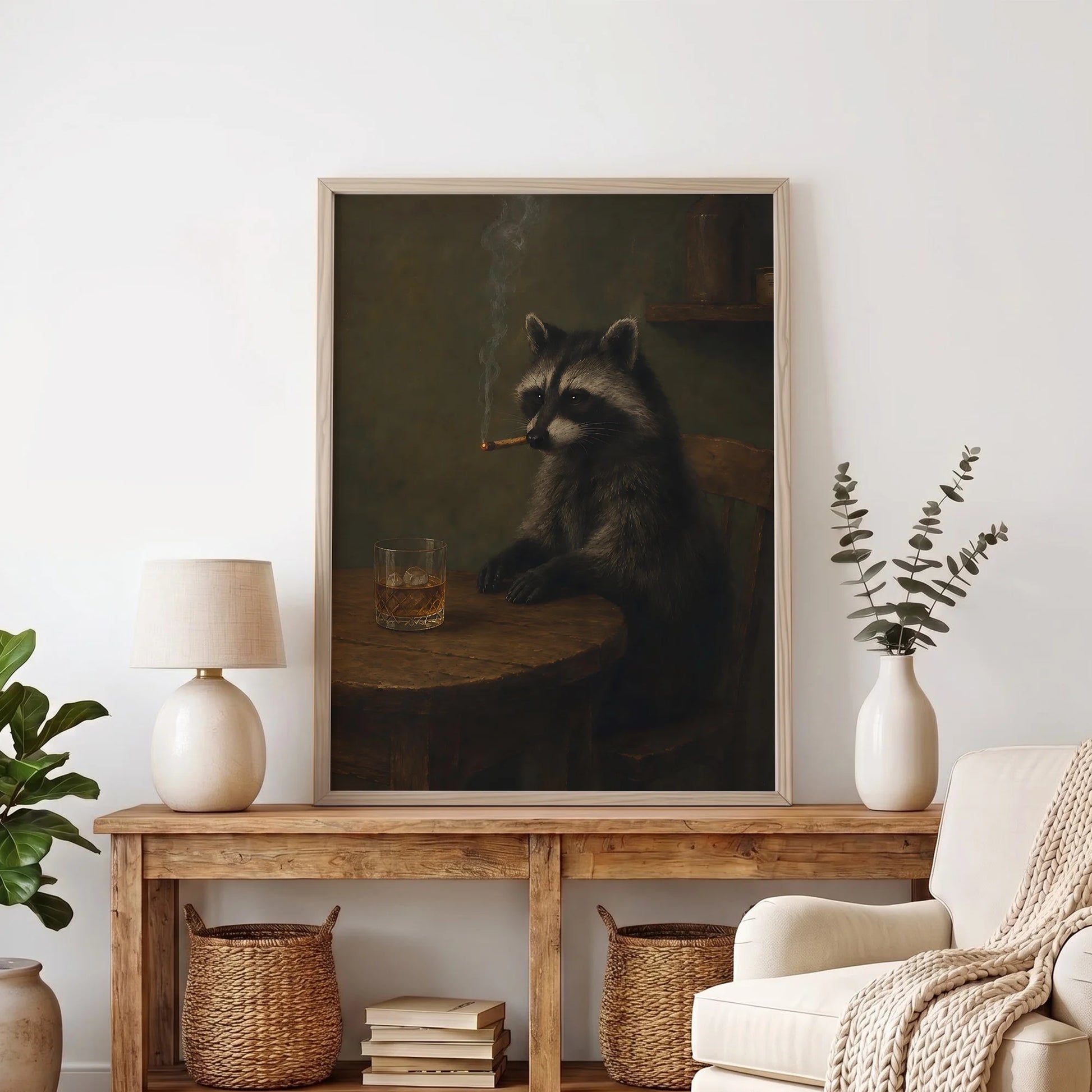 Funny Raccoon Cigar & Whiskey Vintage - Funny Canvas Wall Art - Natural Frame 8