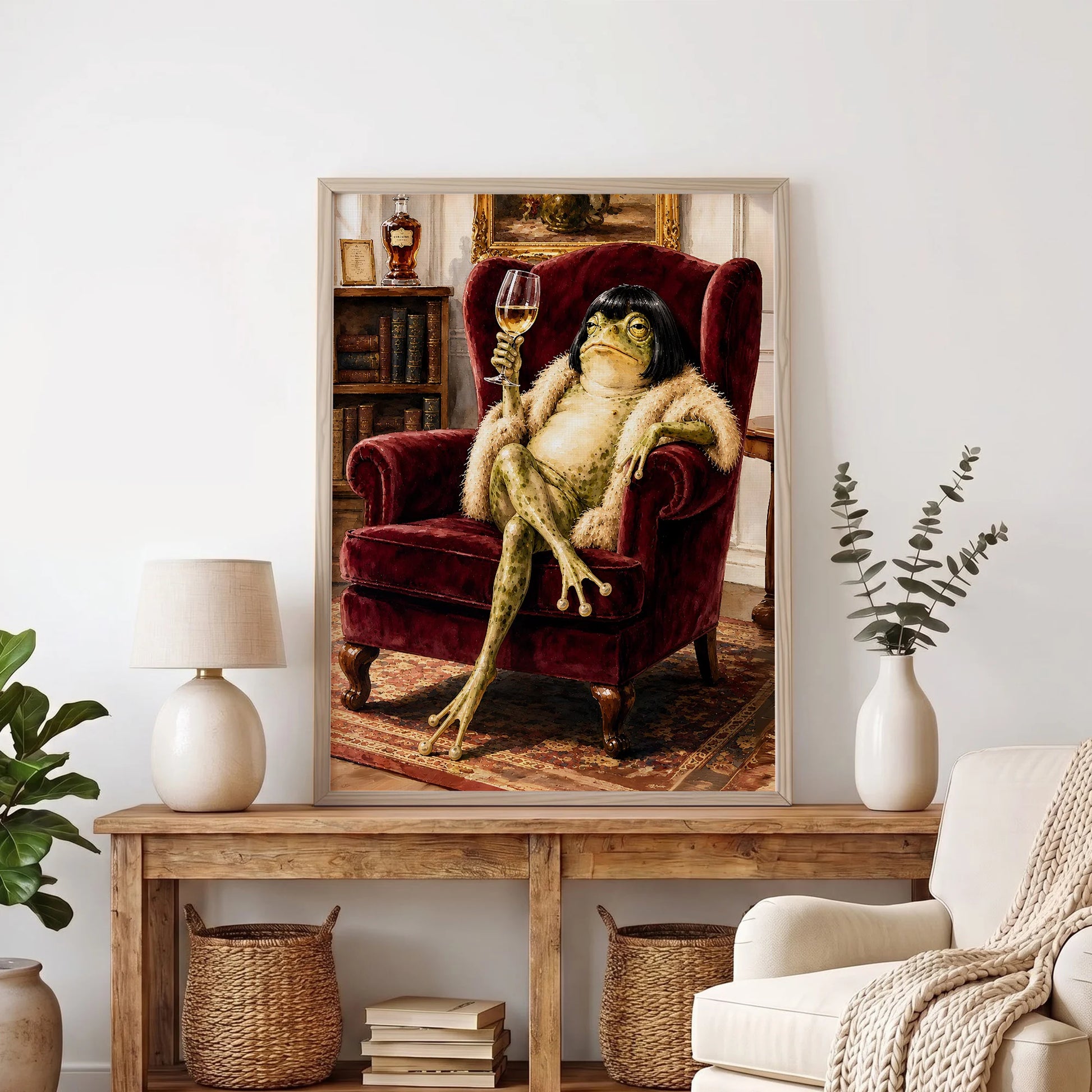 Vintage Whimsical Bob Hair Frog Drinking Champagne  - Funny Canvas Wall Art - Natural Frame 8