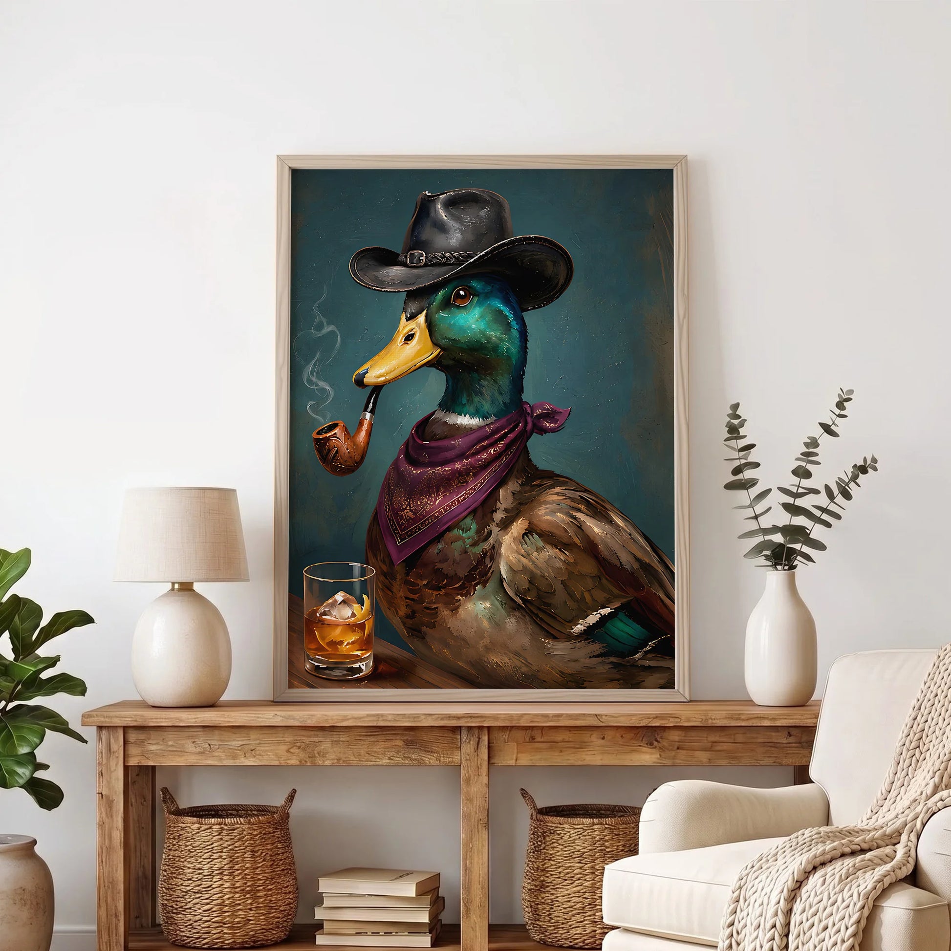 Cowboy Duck Smoking Whiskey Vintage Western - Funny Canvas Wall Art - Natural Frame 8