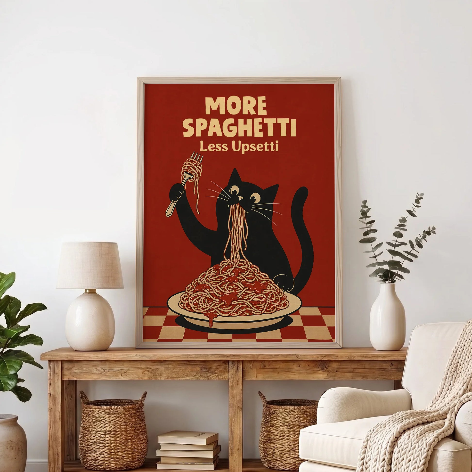 More Spaghetti Less Upsetti Funny Hungry Cat Spaghetti Art Print - Funny Canvas Wall Art - Natural Frame 8