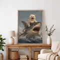 Funny White Cat Riding Shark - Funny Canvas Wall Art - Natural Frame 8