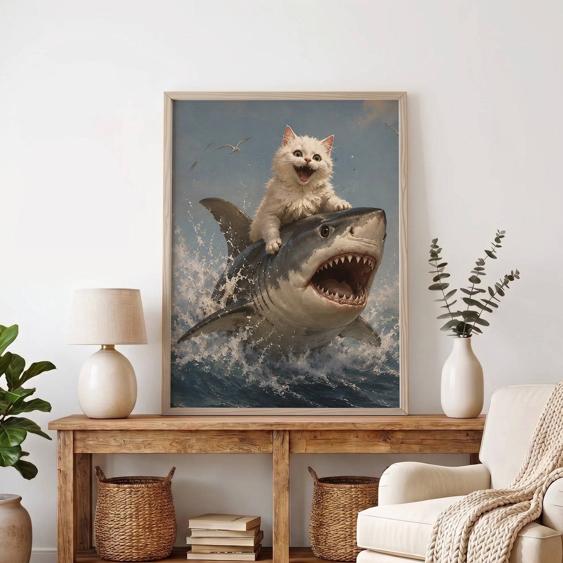 Funny White Cat Riding Shark - Funny Canvas Wall Art - Natural Frame 8
