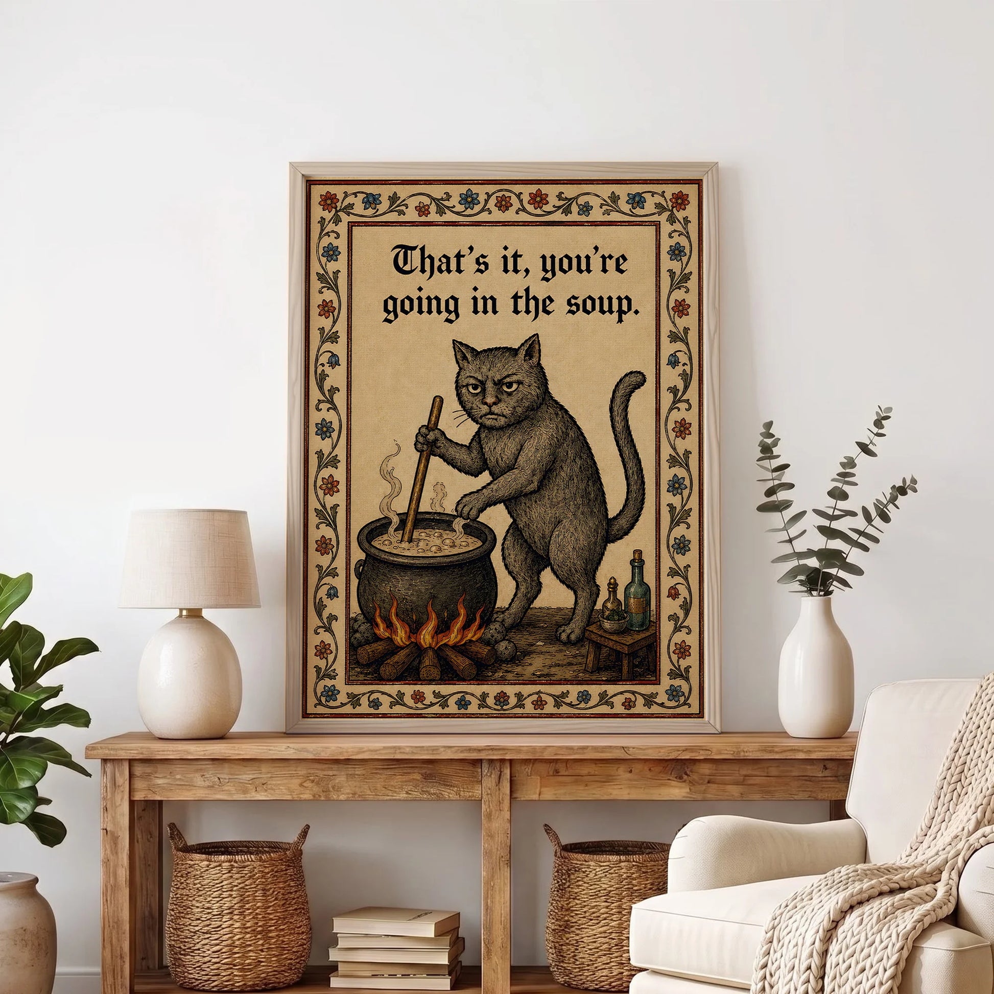 Funny Medieval Cat Going In The Soup Vintage - Funny Canvas Wall Art - Natural Frame 8