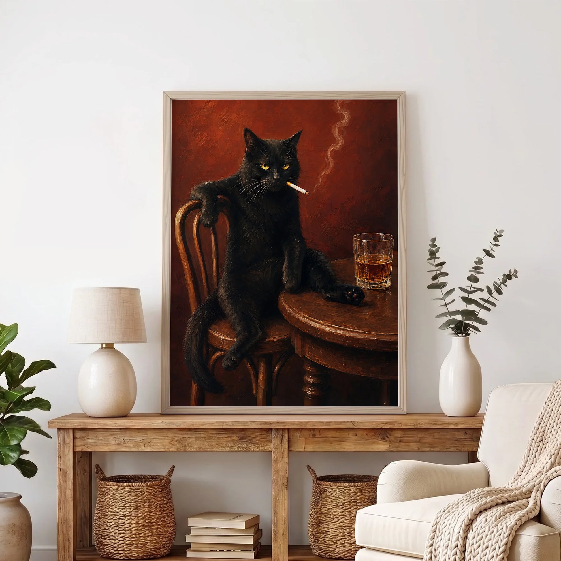 Vintage Black Cat Smoking - Funny Canvas Wall Art - Natural Frame 8