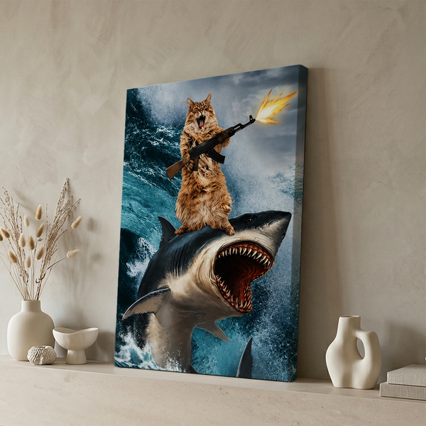 Funny Cat and Shark Canvas Wall Art, Stylish Anthropomorphic Animal Portrait, Masculine Power Lounge Decor (Copy) (Copy)