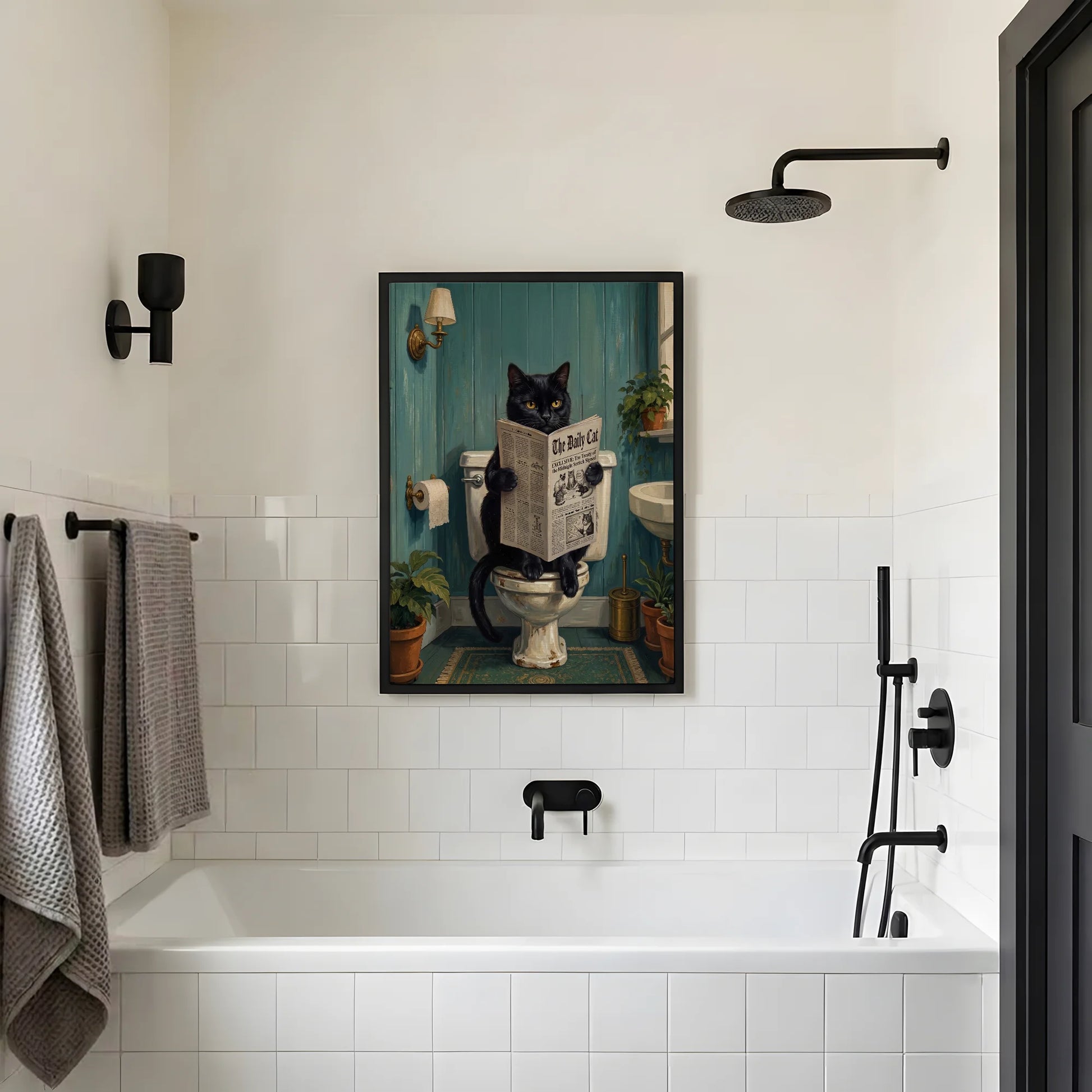 Funny Black Cat Reading Newspaper In Toilet - Funny Canvas Wall Art - 2