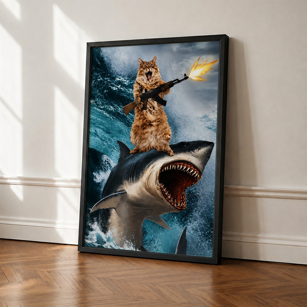 Funny Cat and Shark Canvas Wall Art, Stylish Anthropomorphic Animal Portrait, Masculine Power Lounge Decor (Copy) (Copy)