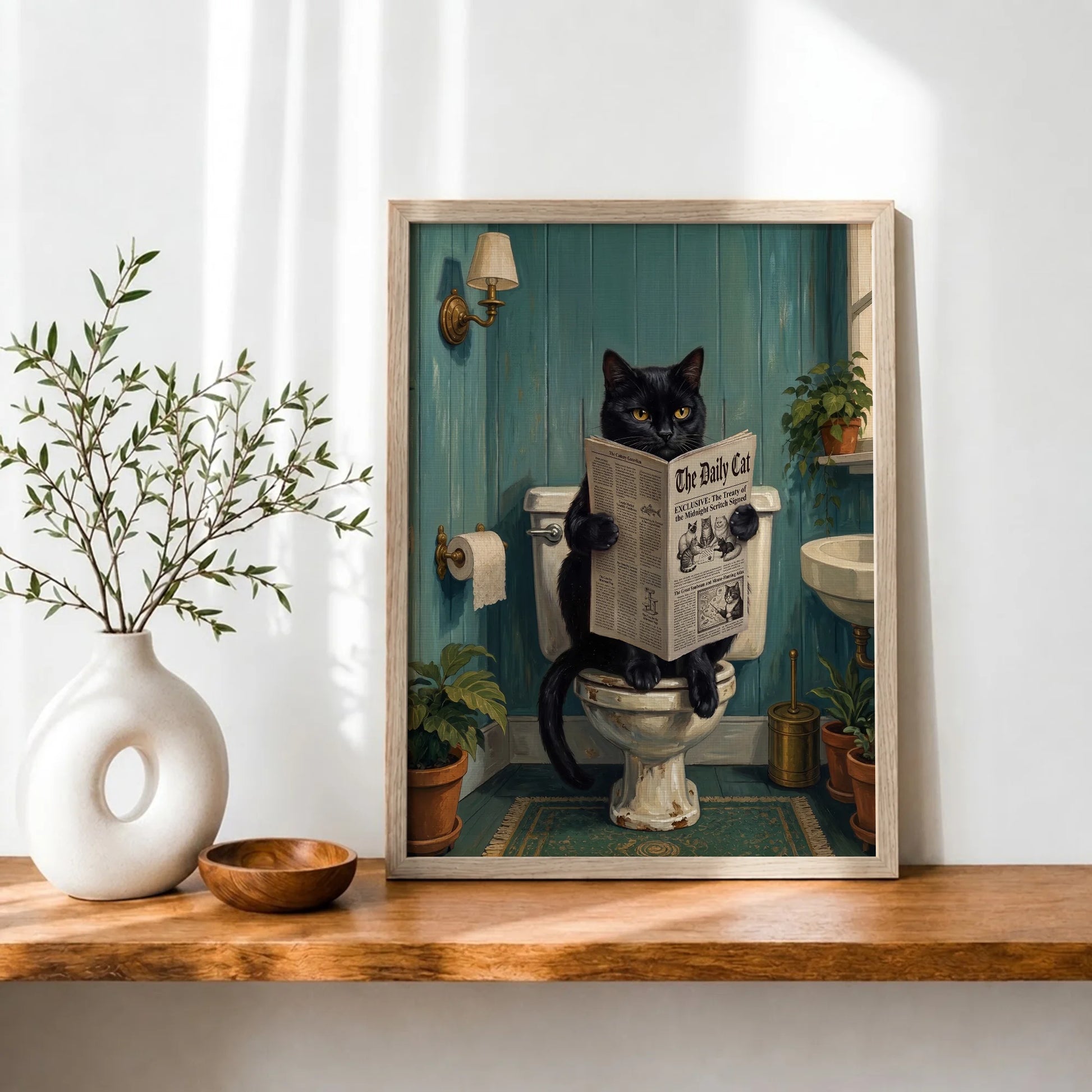 Funny Black Cat Reading Newspaper In Toilet - Funny Canvas Wall Art - 3