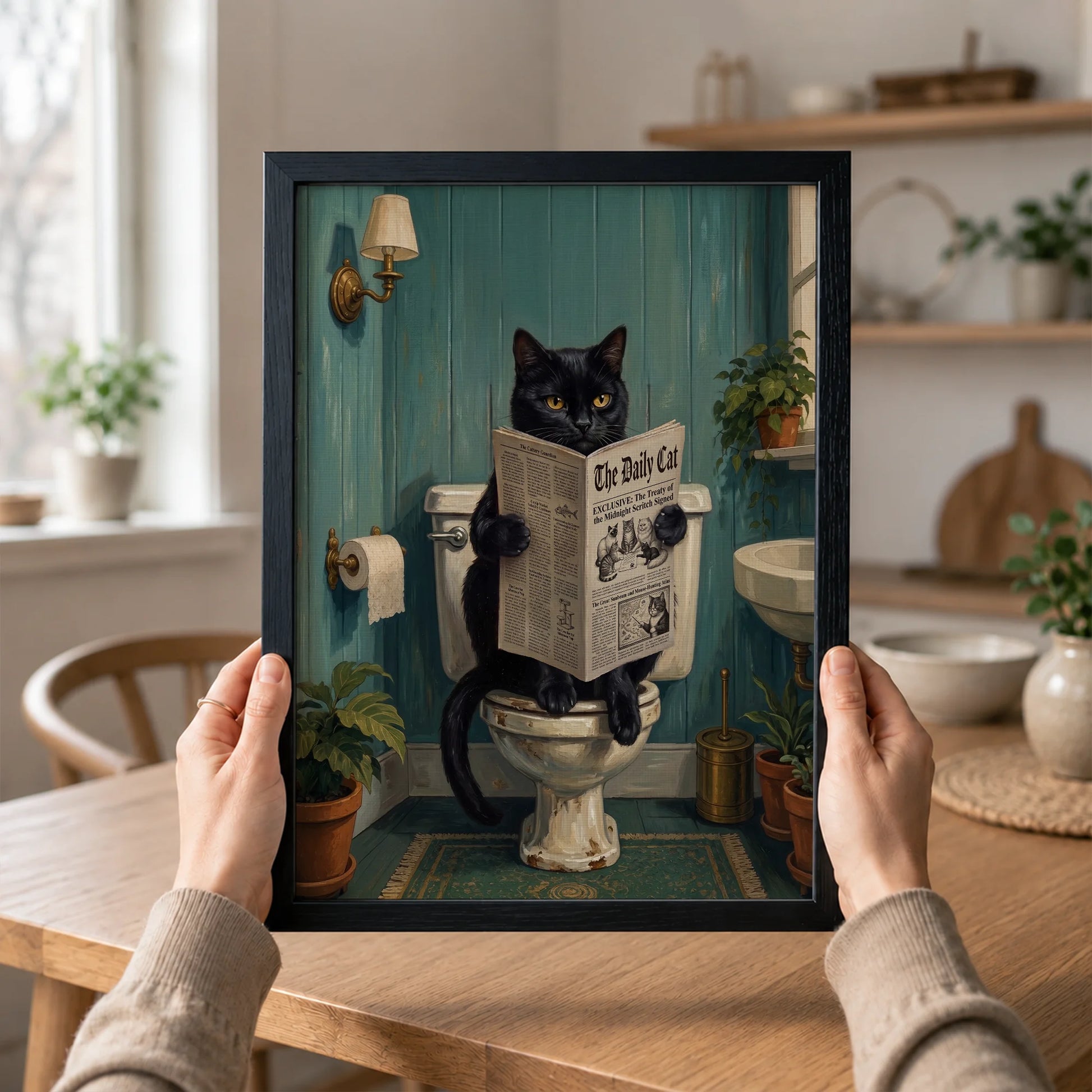 Funny Black Cat Reading Newspaper In Toilet - Funny Canvas Wall Art - 4